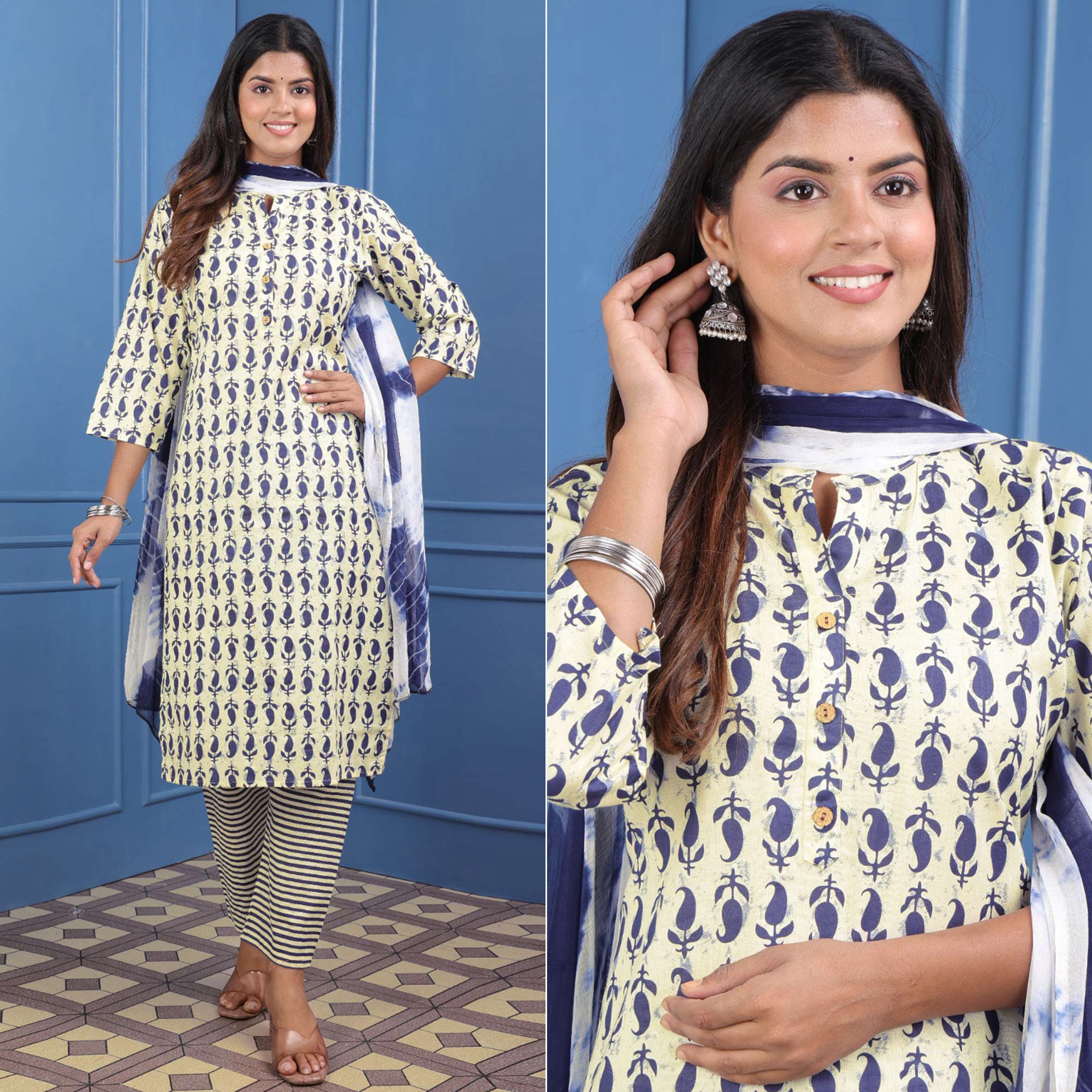 Cream Blue Floral Printed Pure Cotton Suit