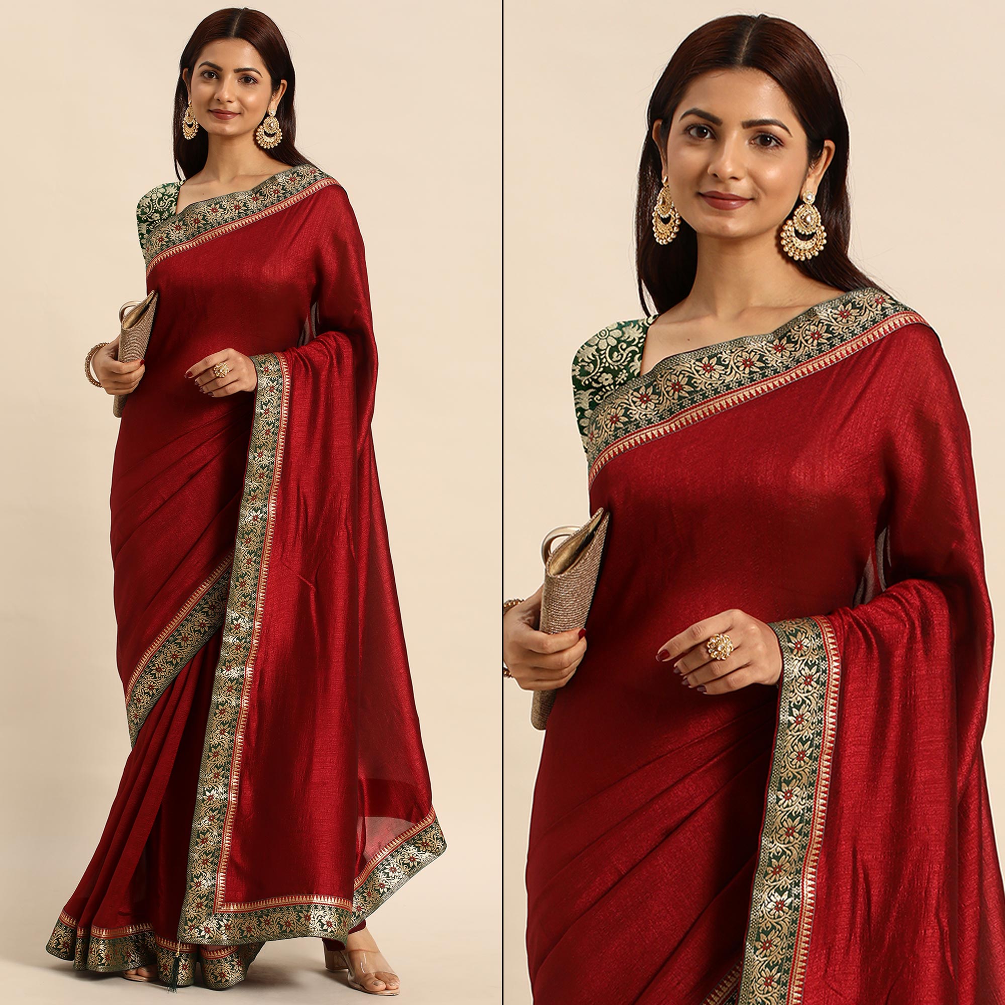 Maroon Solid Vichitra Silk Saree With Fancy Border