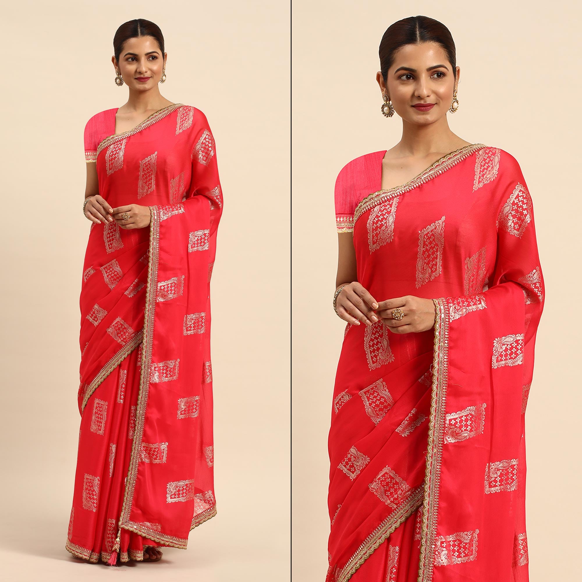 Pink Foil Printed With Embroidered Border Chiffon Saree