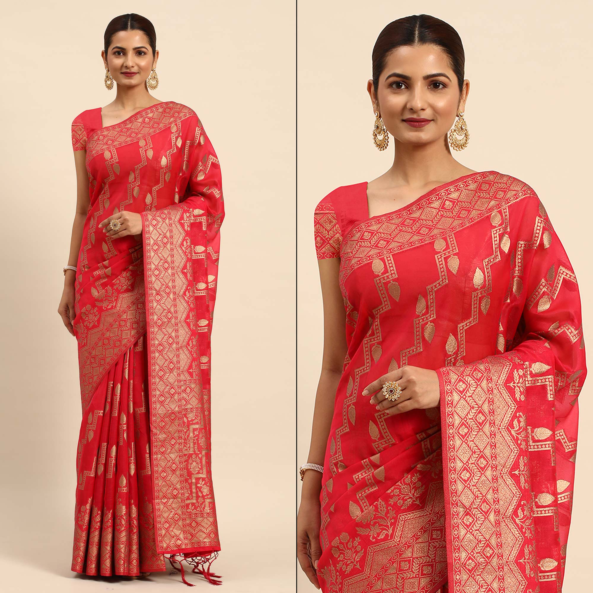Rani Pink Floral Woven Organza Silk Saree With Tassels