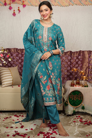 Beautiful Turquoise Floral Printed Straight Suit Designed in Lightweight Pure Muslin