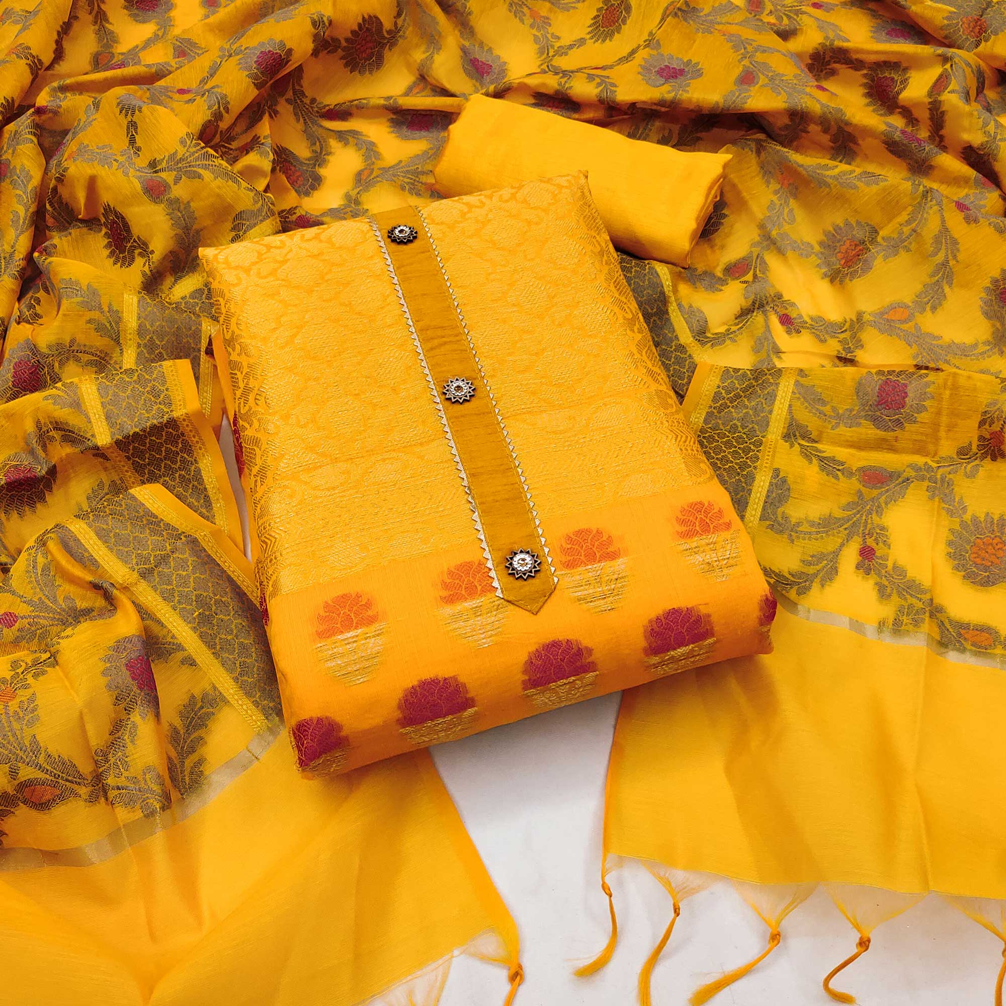 Yellow Floral Woven Banarasi Silk Dress Material