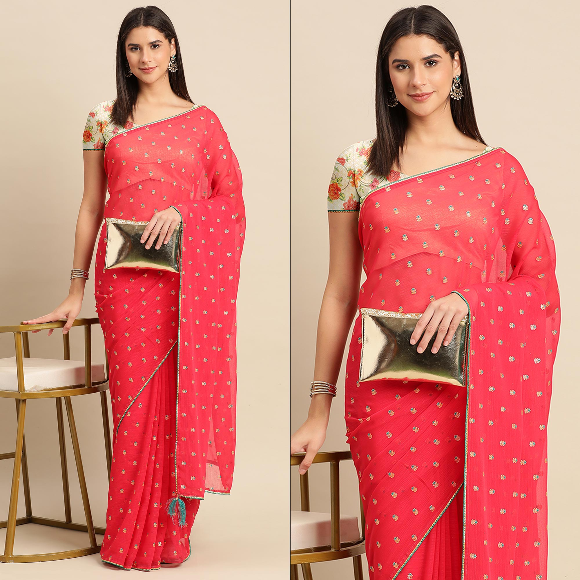 Pink Embroidered Chiffon Saree