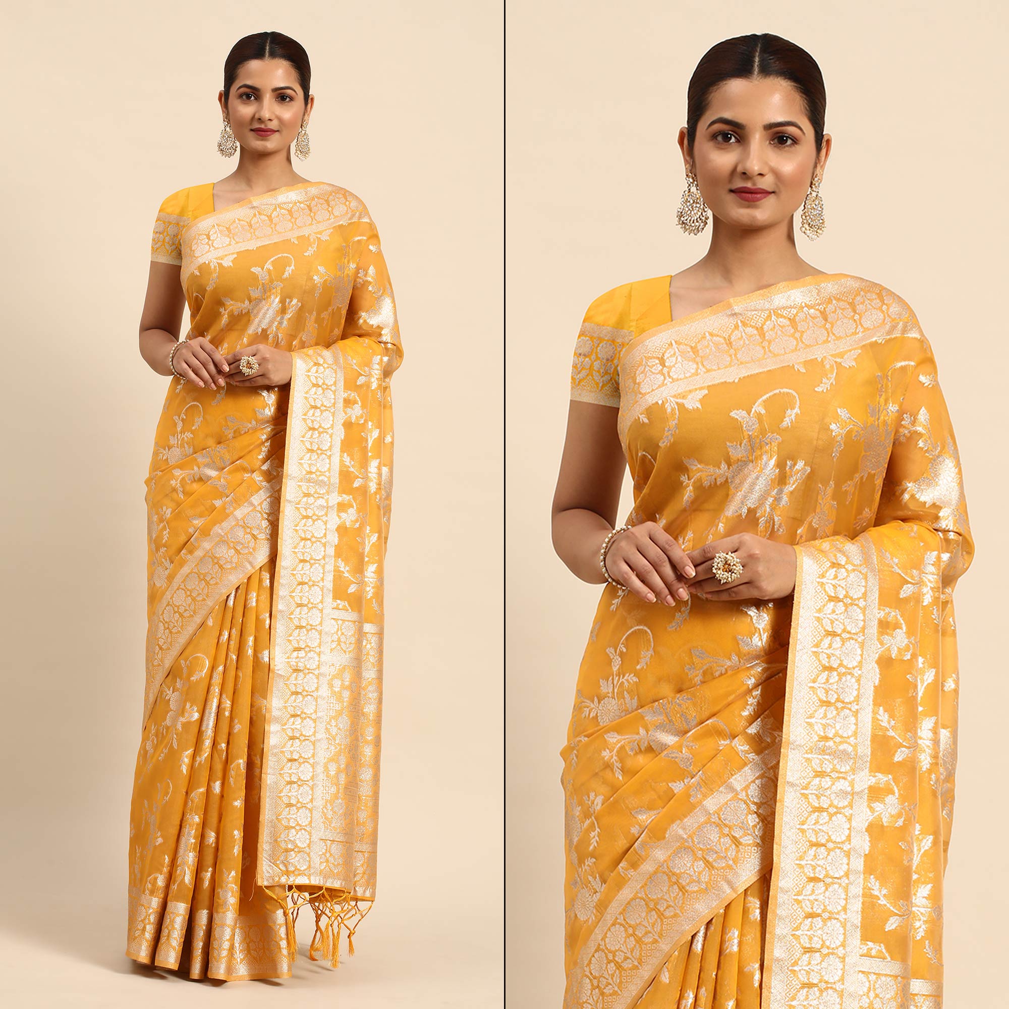 Yellow Floral Woven Organza Silk Saree With Tassels