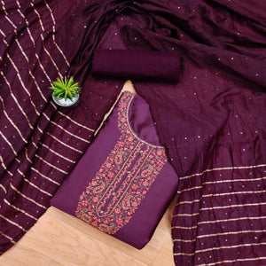 Wine Embroidered Cotton Blend Dress Material