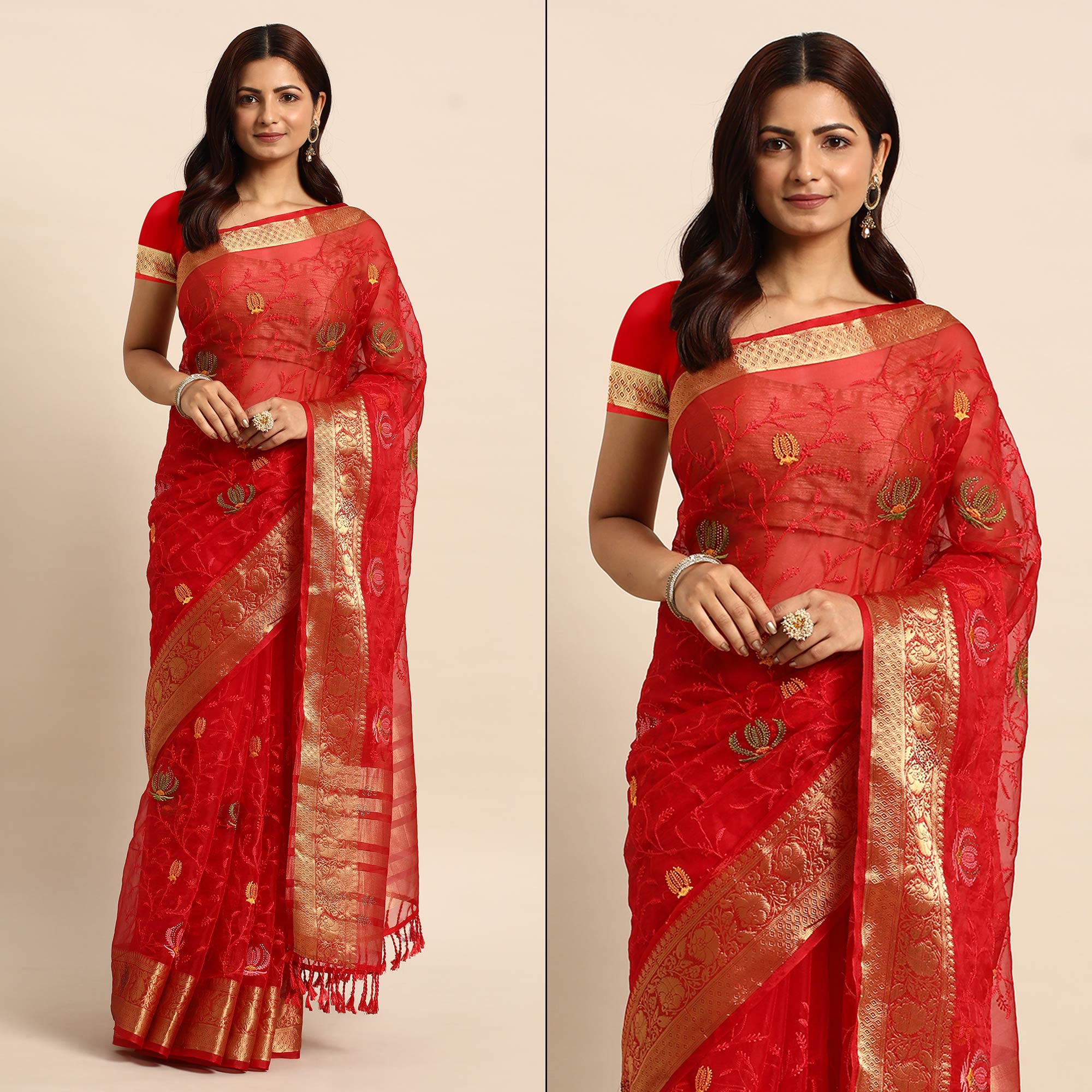 Red Floral Embroidered Organza Saree