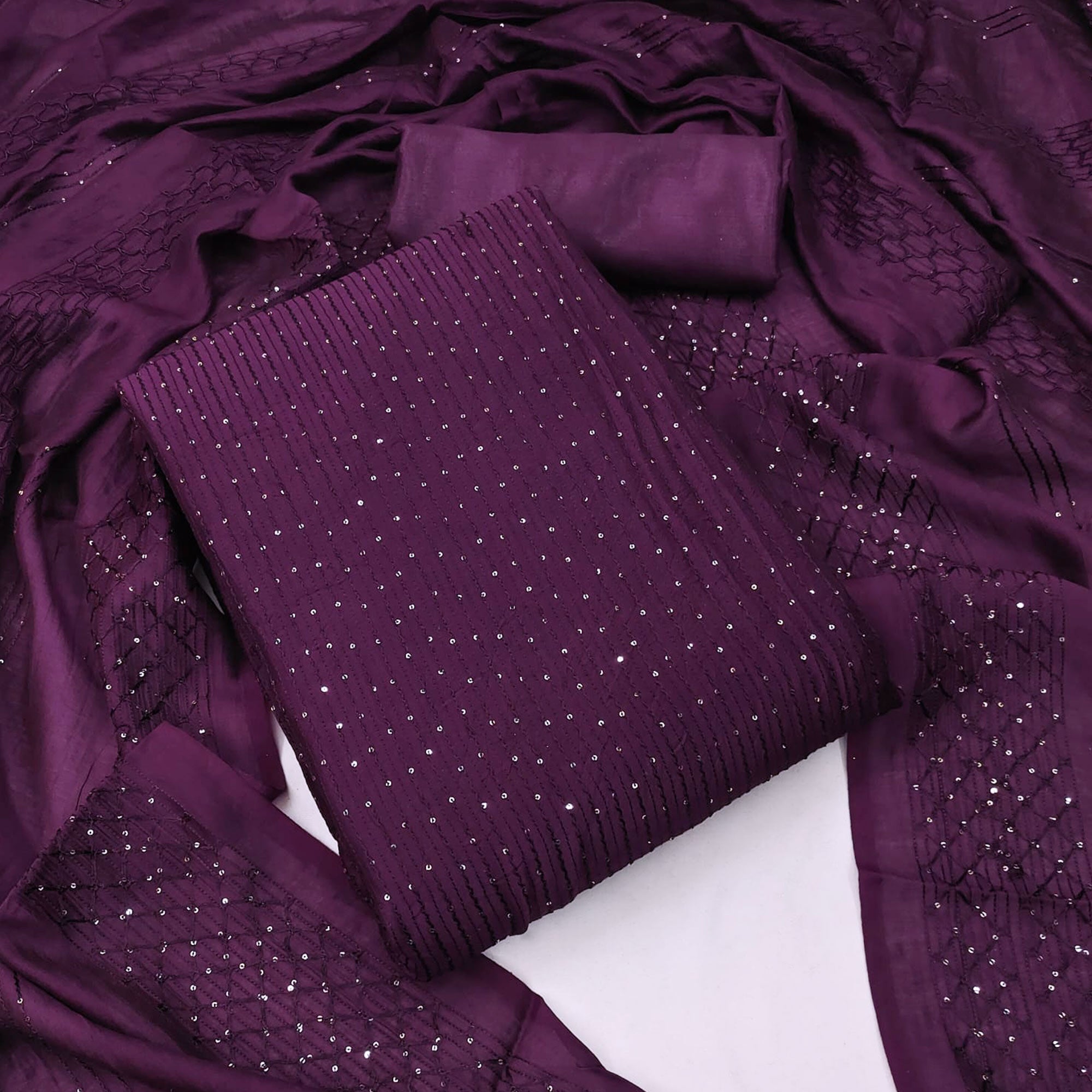 Purple Sequins Embroidered Cotton Dress Material