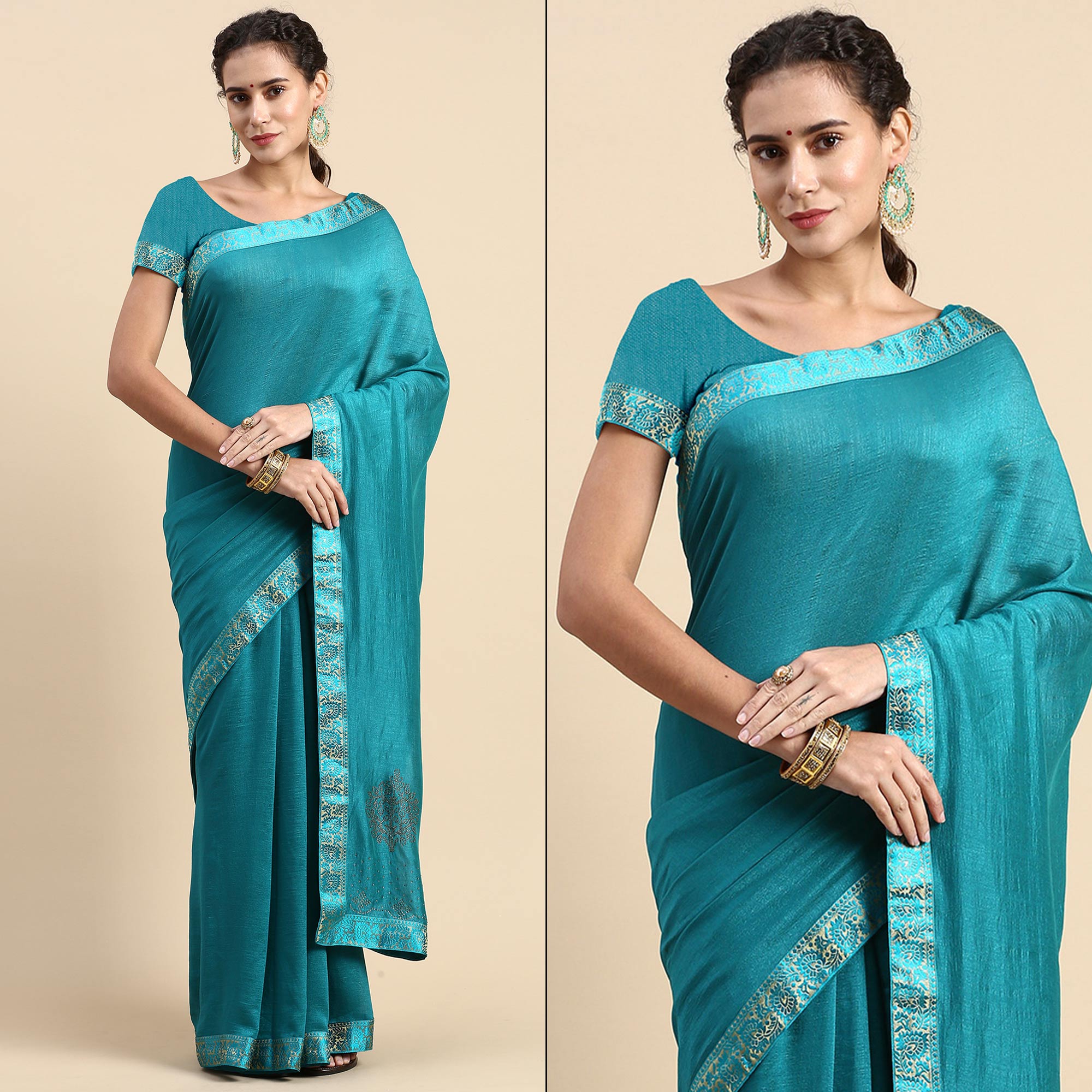 Turquoise Blue Swaroski Work Vichitra Silk Saree