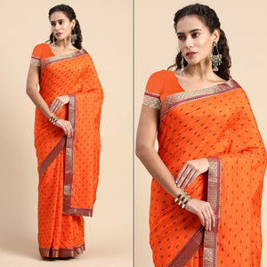 Orange Printed Vichitra Silk Saree