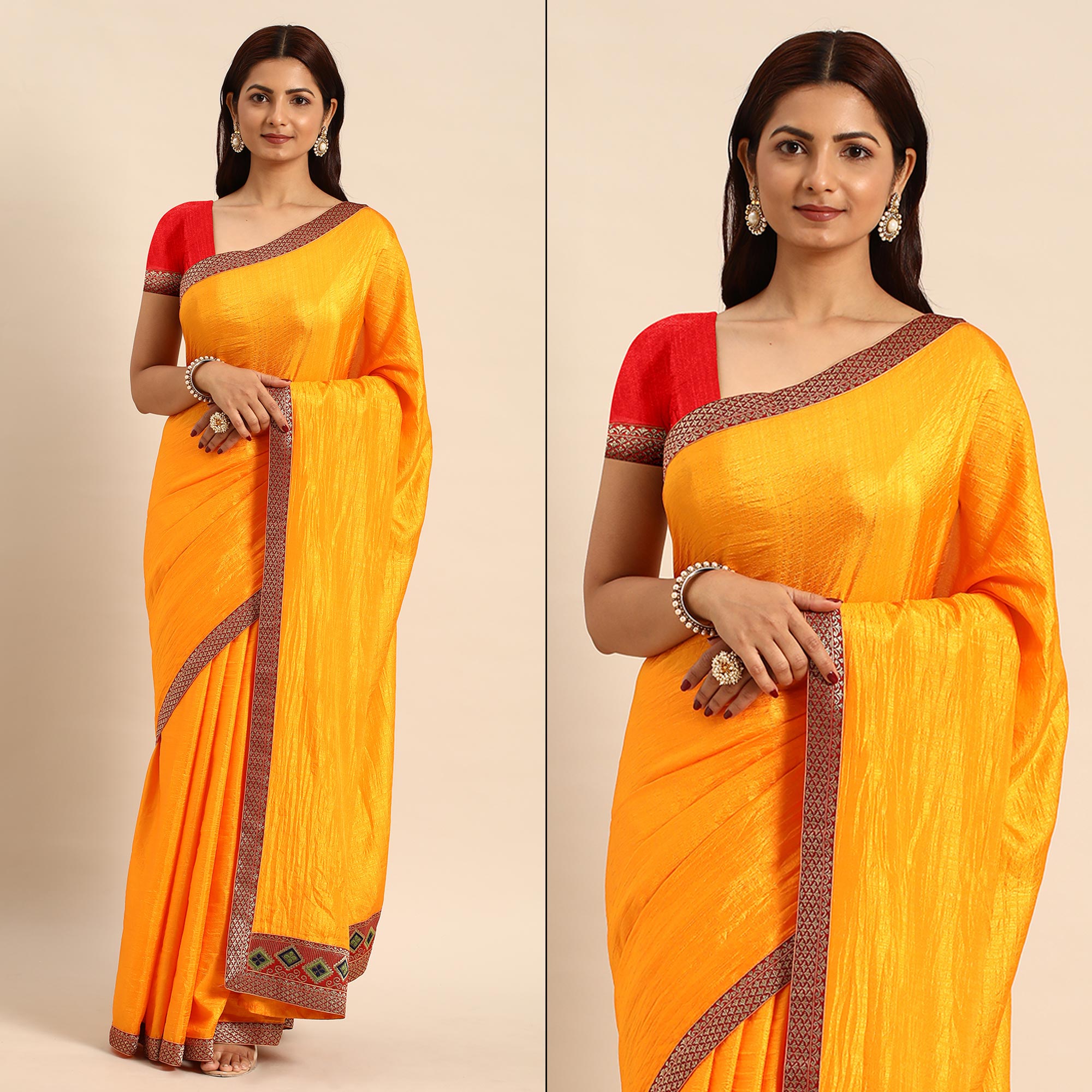 Yellow Solid Vichitra Silk Saree With Fancy Border