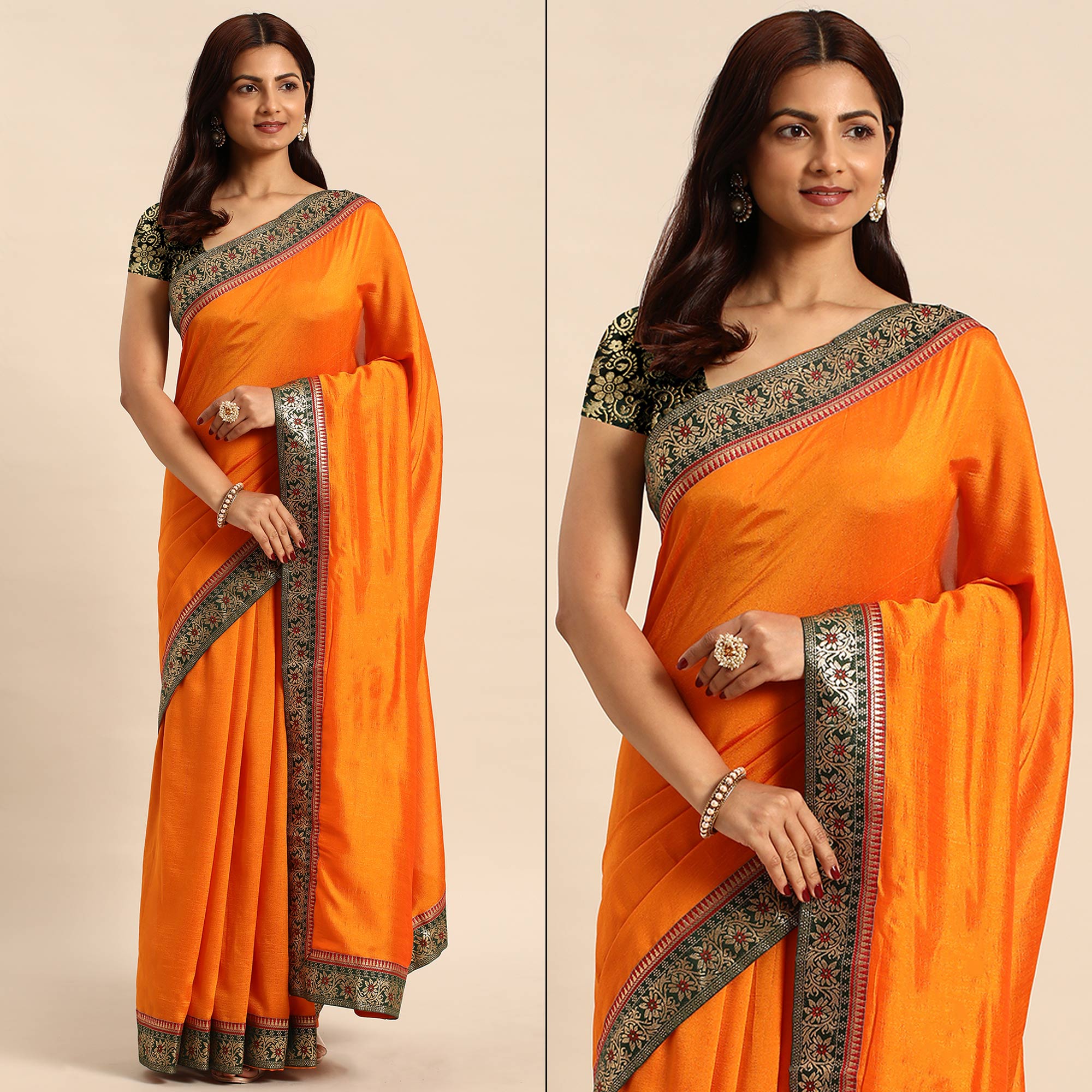 Orange Solid Vichitra Silk Saree With Fancy Border