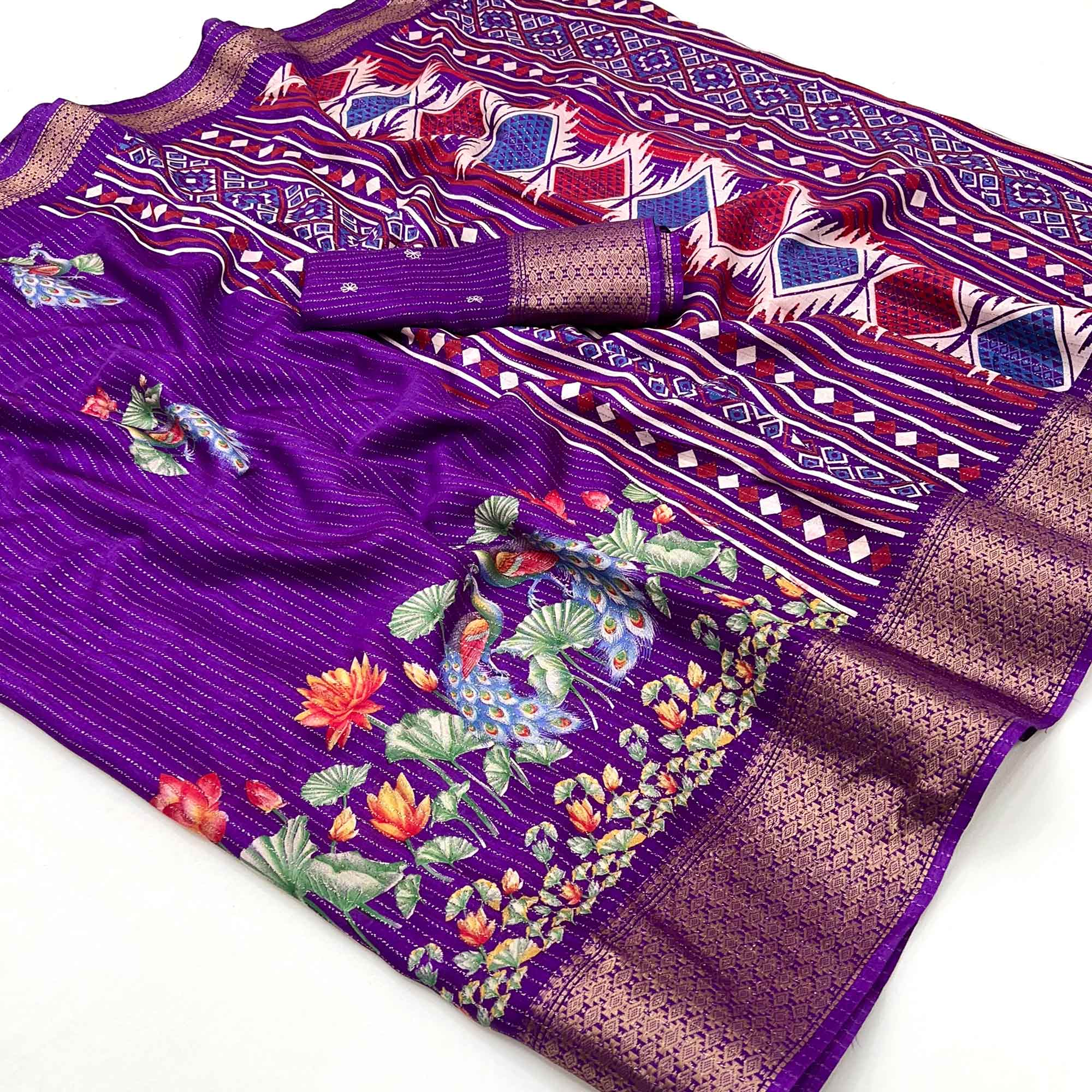 Purple Floral Printed Dola Silk Saree With Jacquard Border