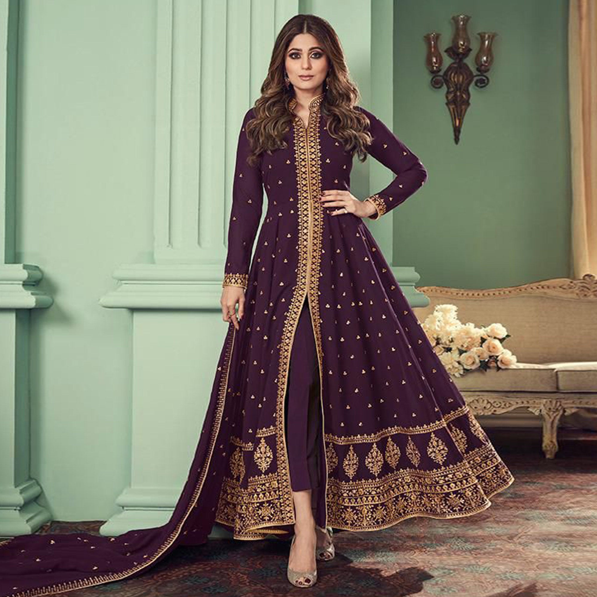 Purple Embroidered Georgette Front Slit Suit