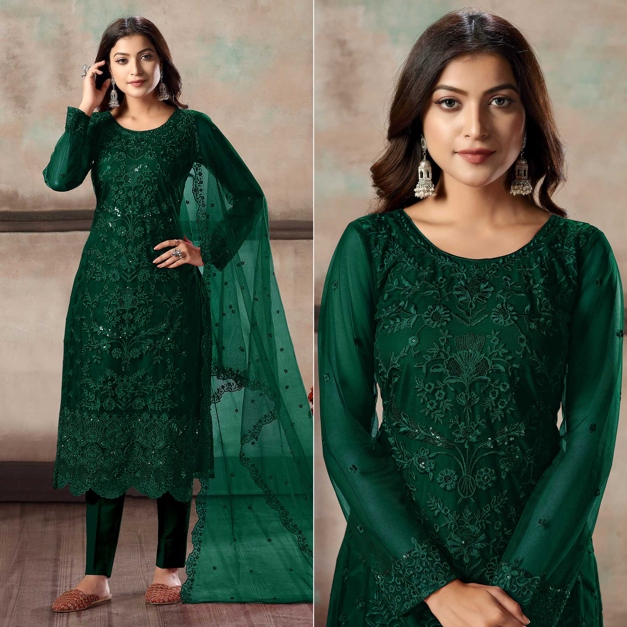 Green Floral Embroidered Net Suit