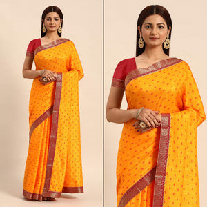 Mustard Printed Vichitra Silk Saree