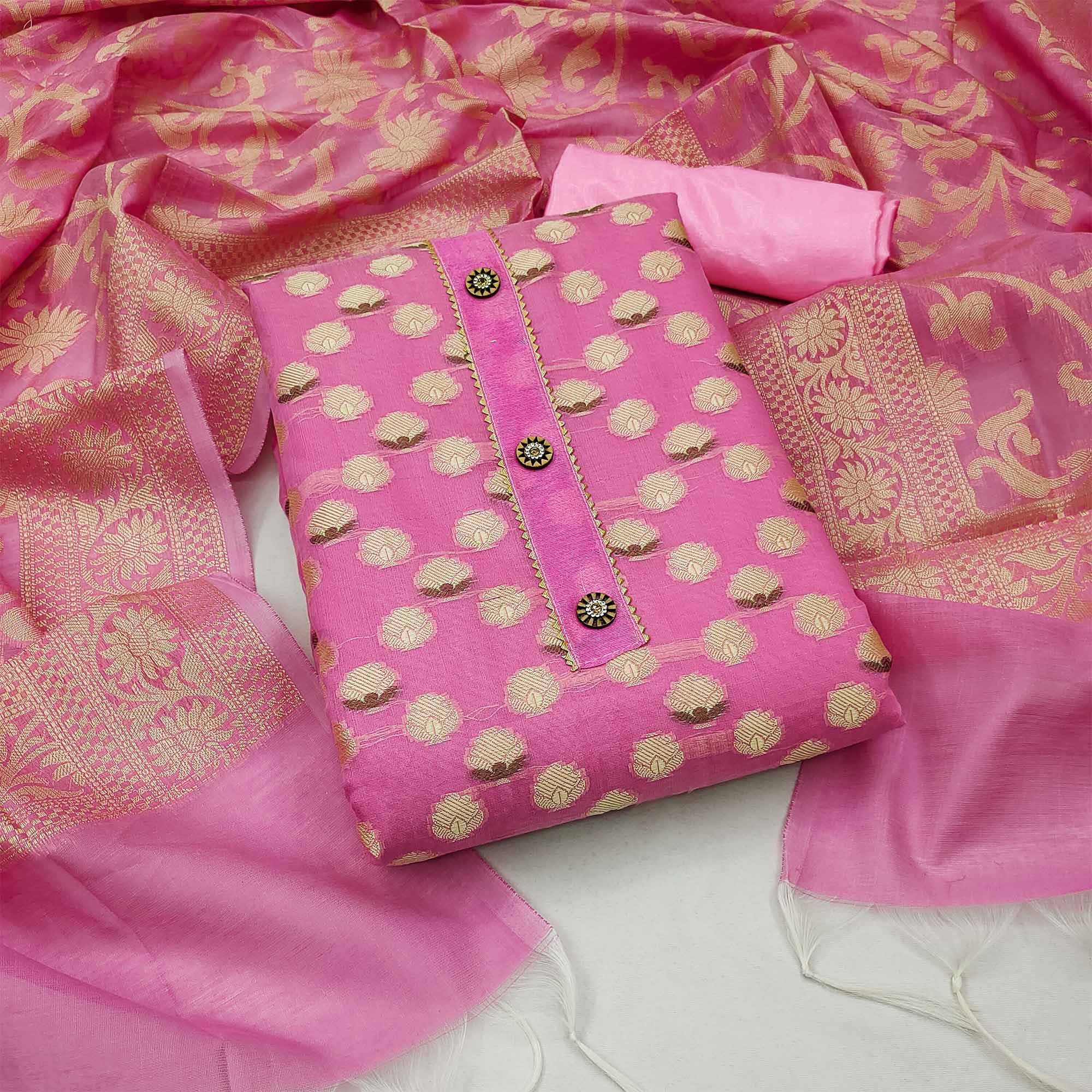 Pink Woven Banarasi Silk Dress Material