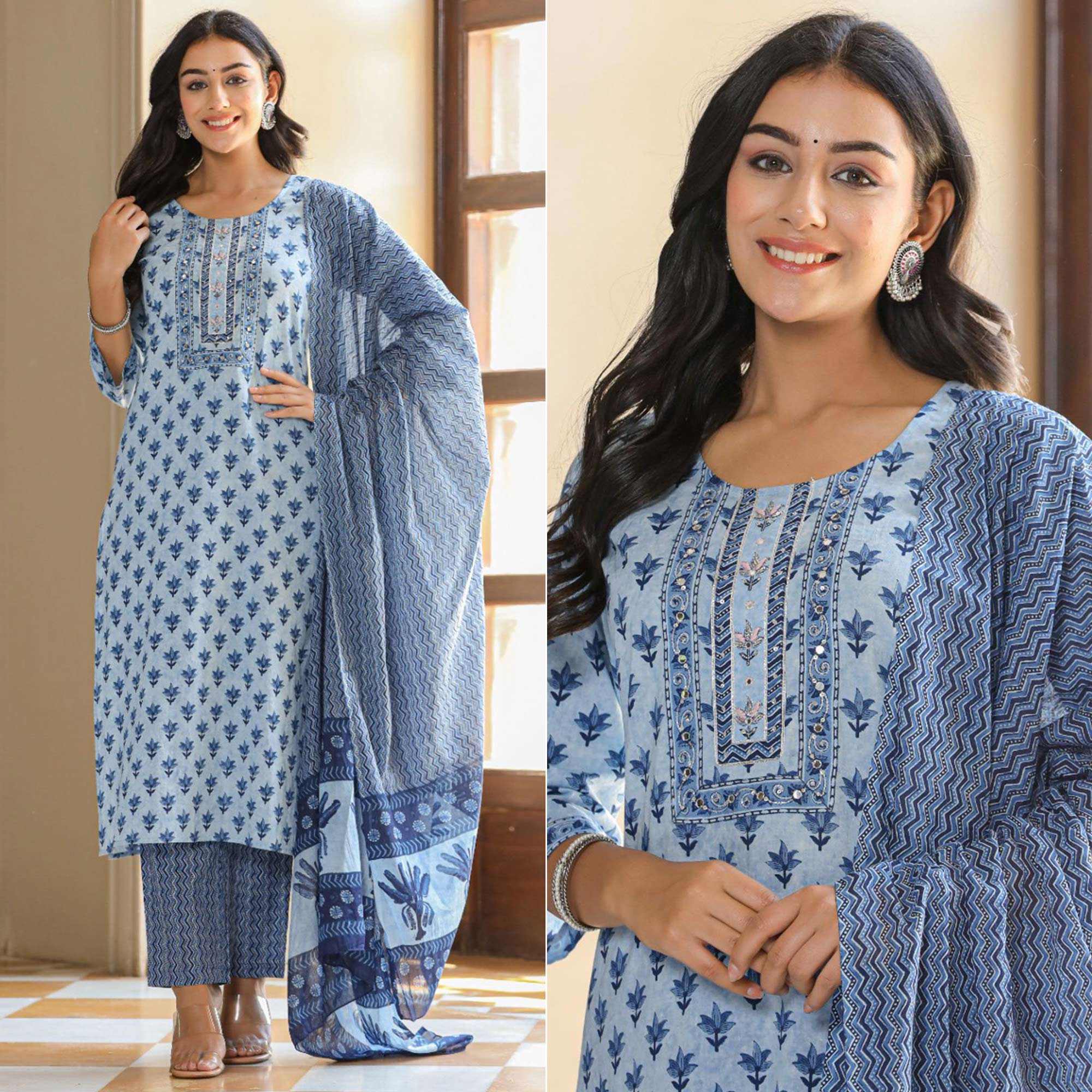 Blue Jaipuri Printed Pure Cotton Suit