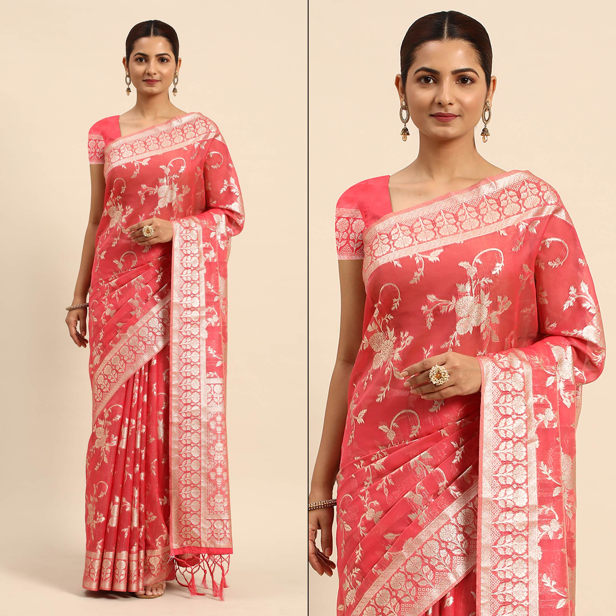 Pink Floral Woven Organza Silk Saree With Tassels