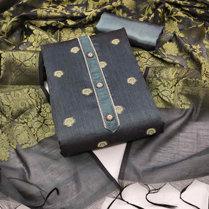 Grey Floral Woven Banarasi Silk Dress Material