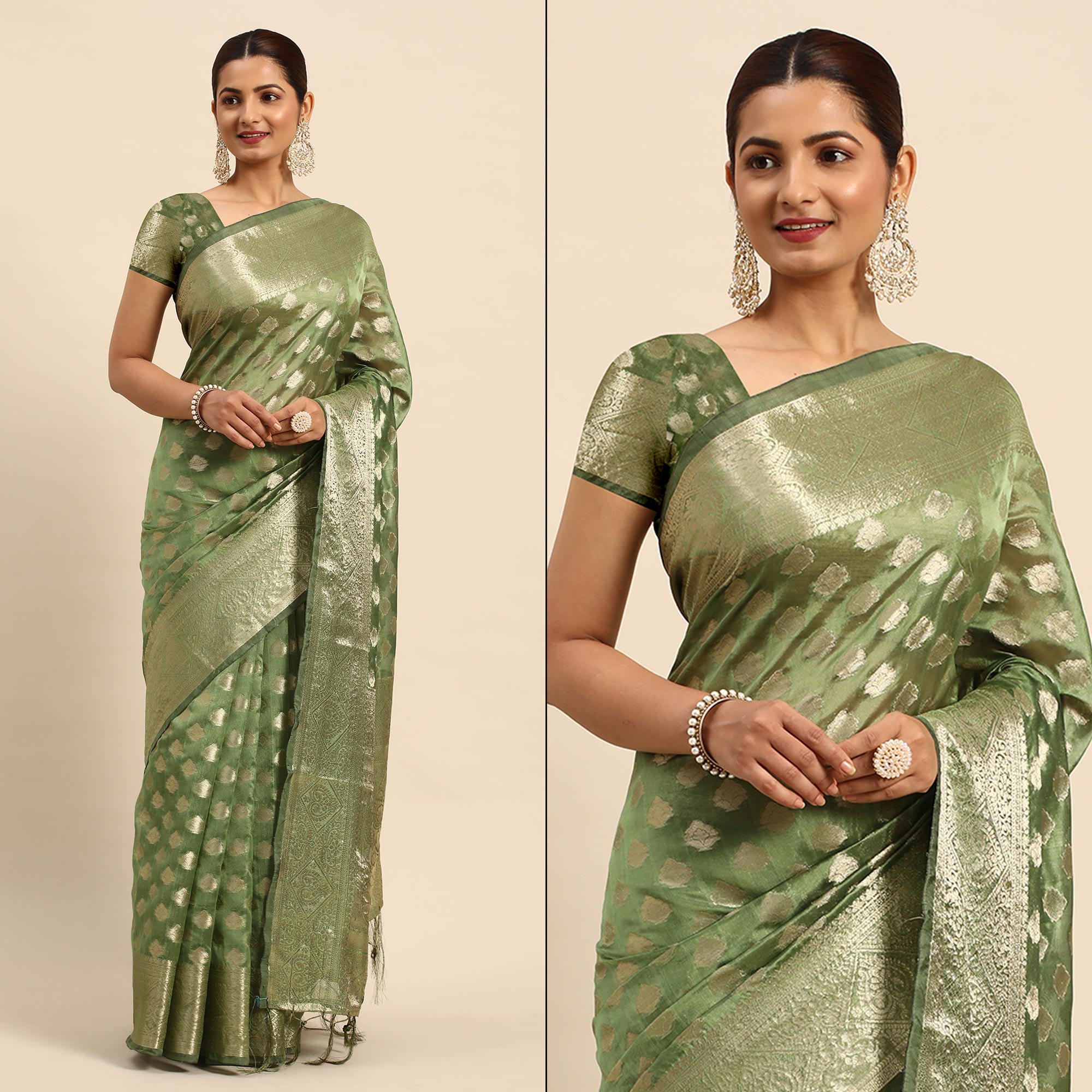 Green Woven Organza Silk Saree With Tassels