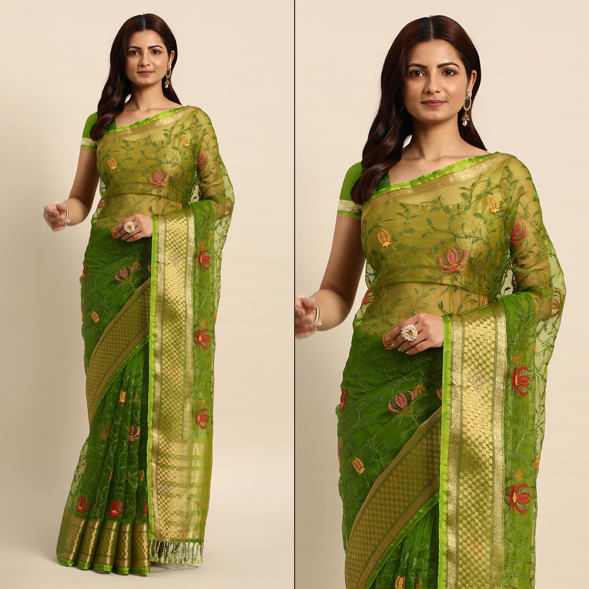 Green Floral Embroidered Organza Saree