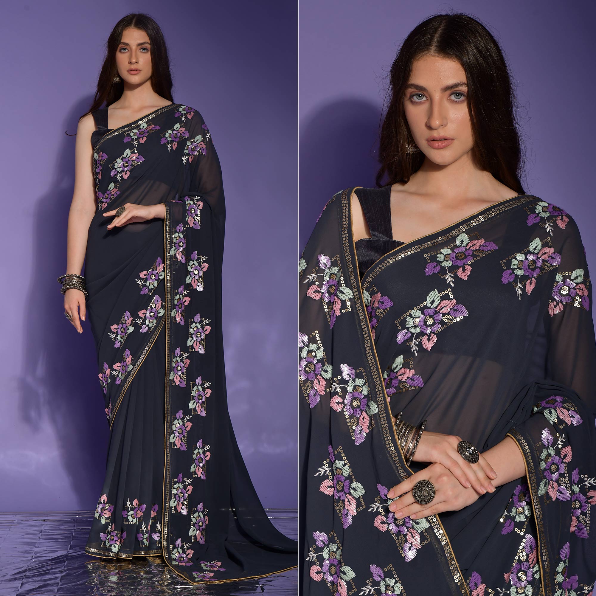 Dark Grey Floral Sequins Embroidered Georgette Saree