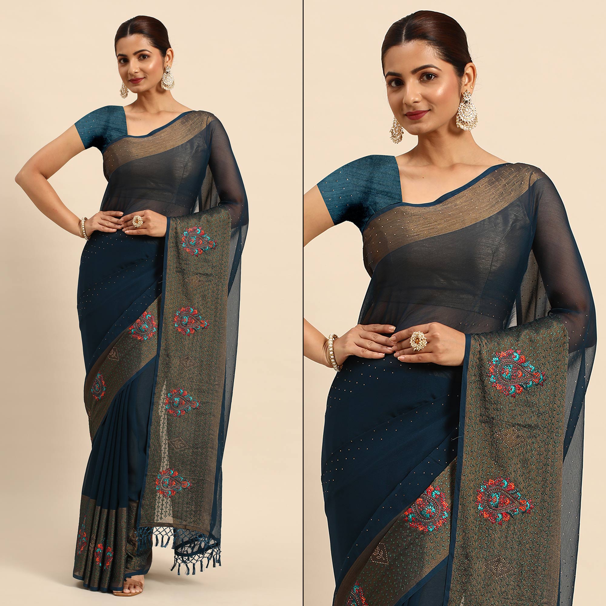 Blue Swarovski With Embroidery Work Viscose Chiffon Saree