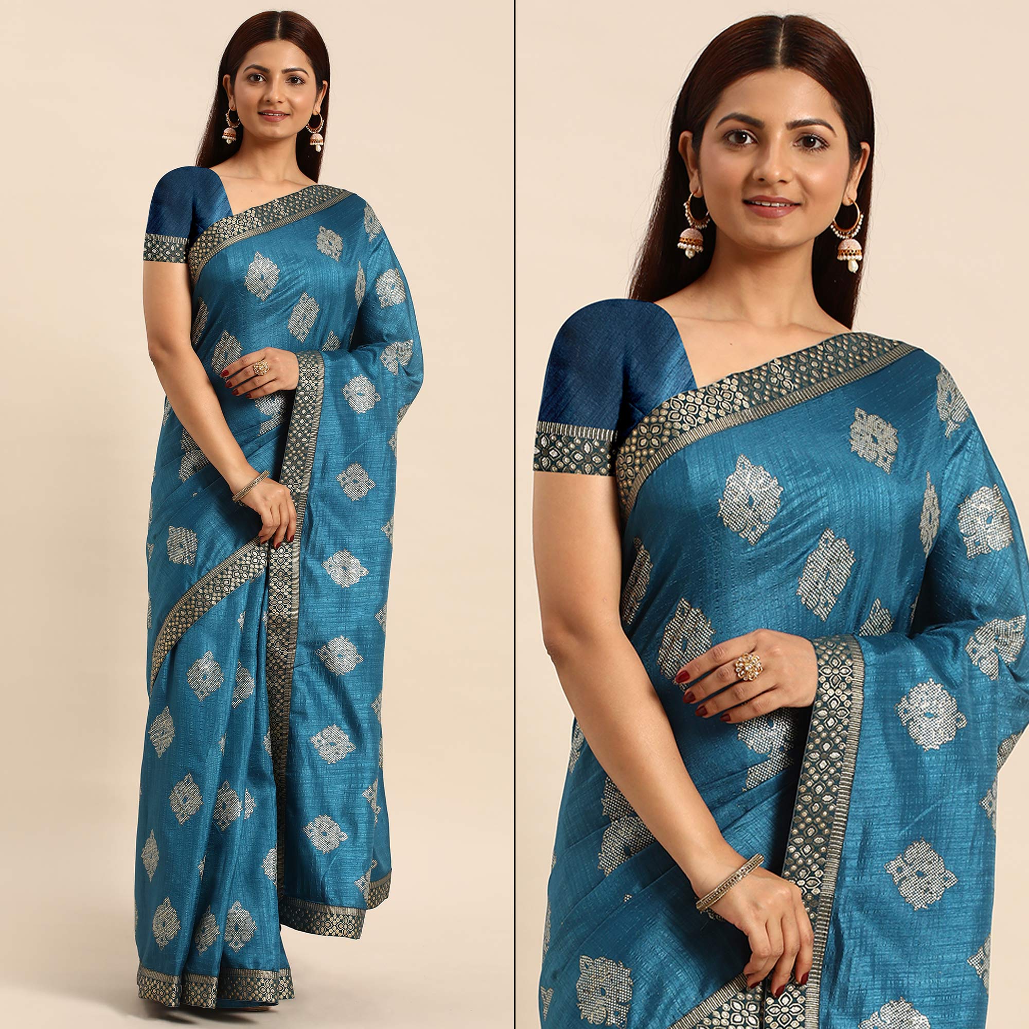 Blue Floral Foil Printed Vichitra Silk Saree
