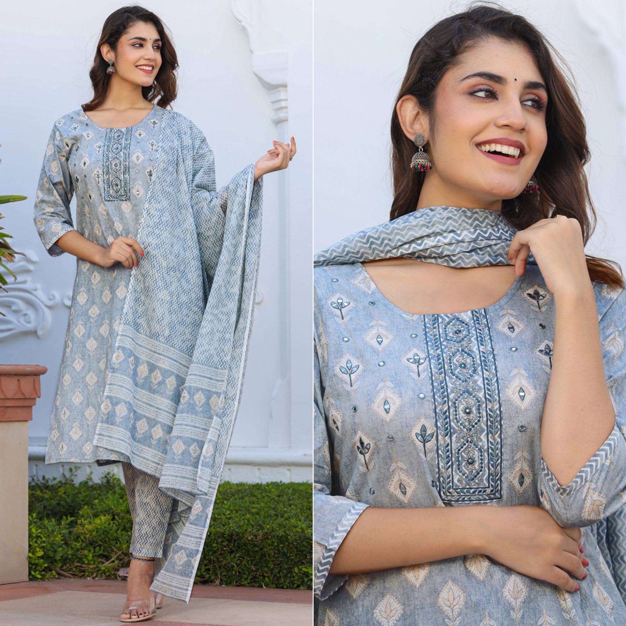 Grey Jaipuri Printed Pure Cotton Suit