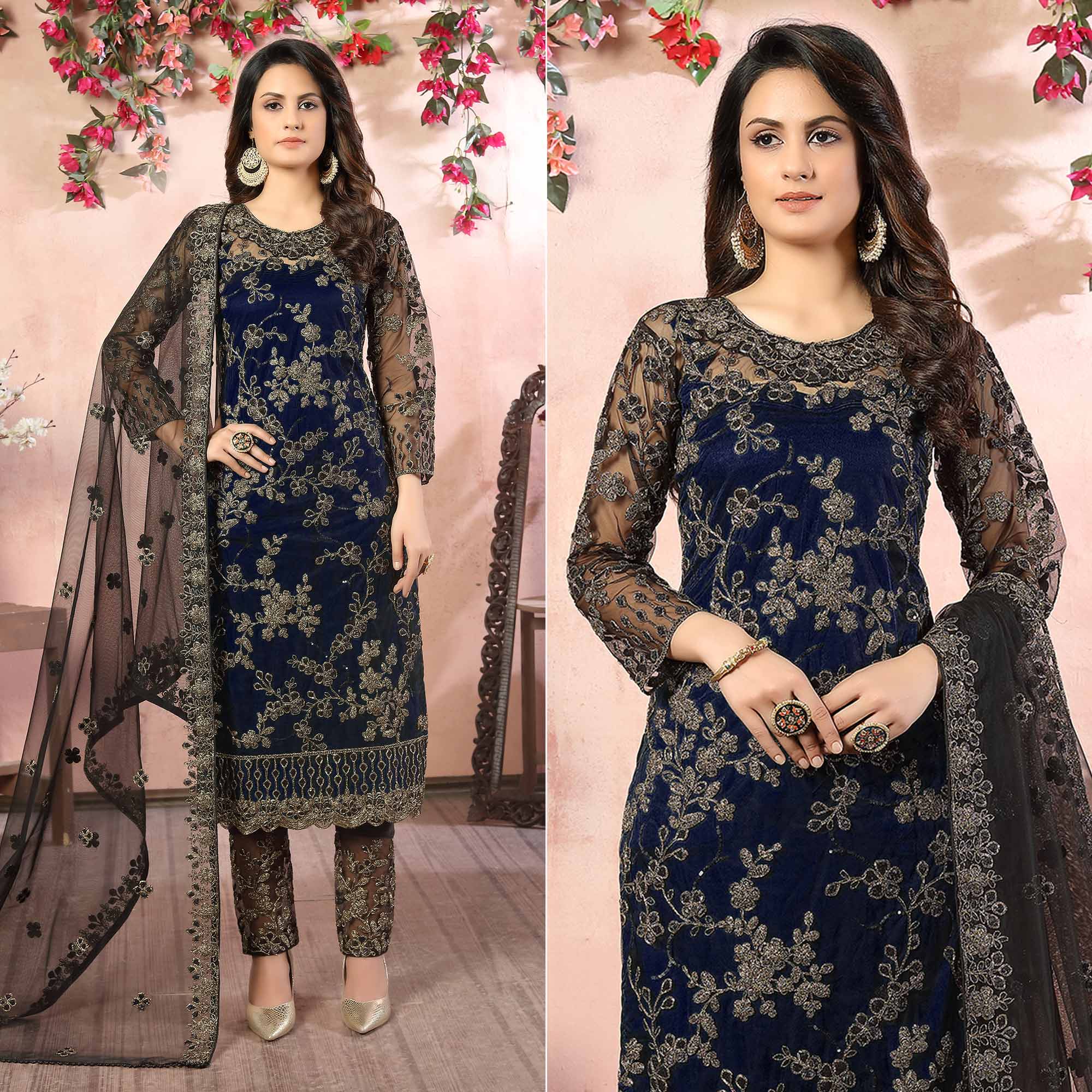 Blue Floral Embroidered Net Semi Stitched Suit