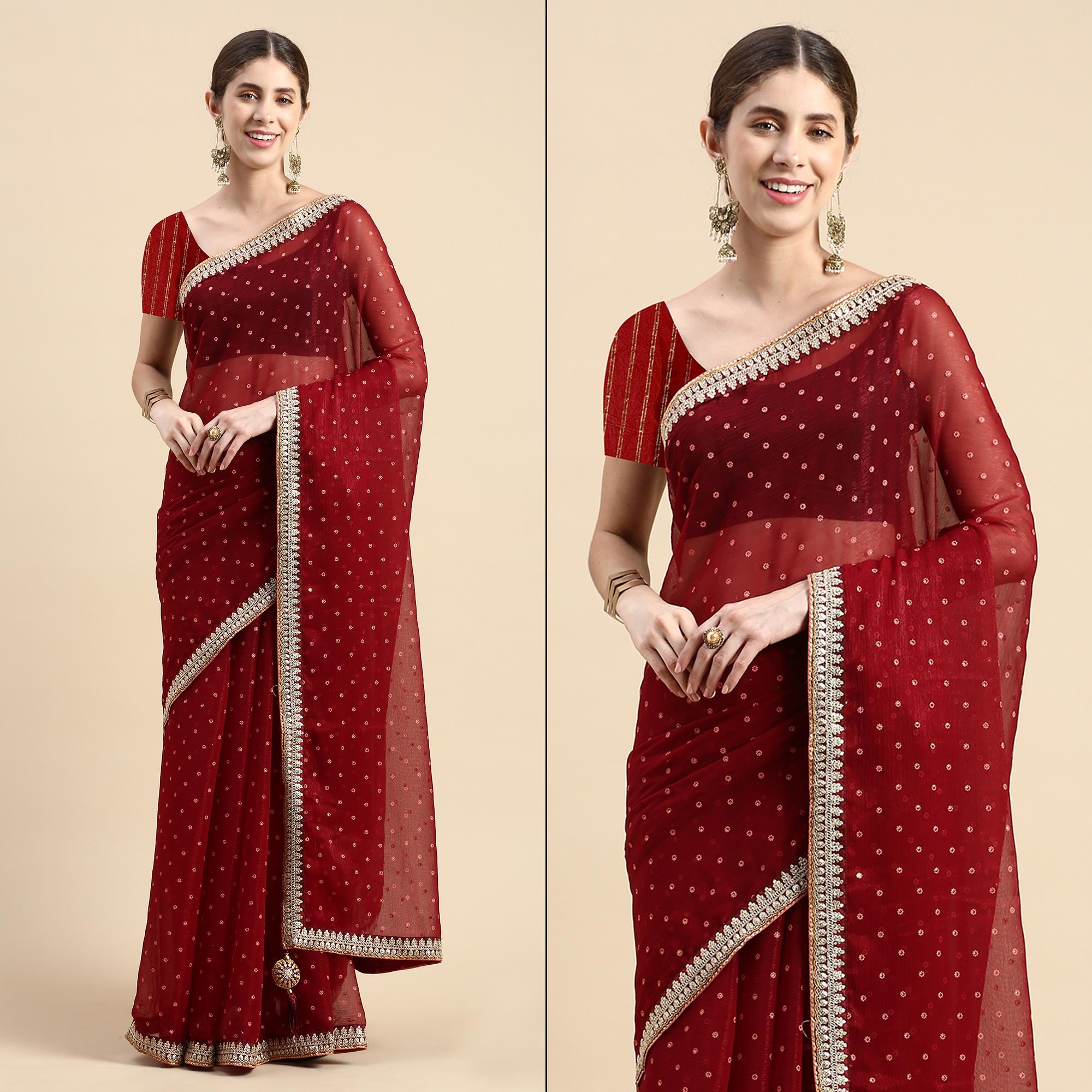 Maroon Foil Printed With Embroidered Border Chiffon Saree