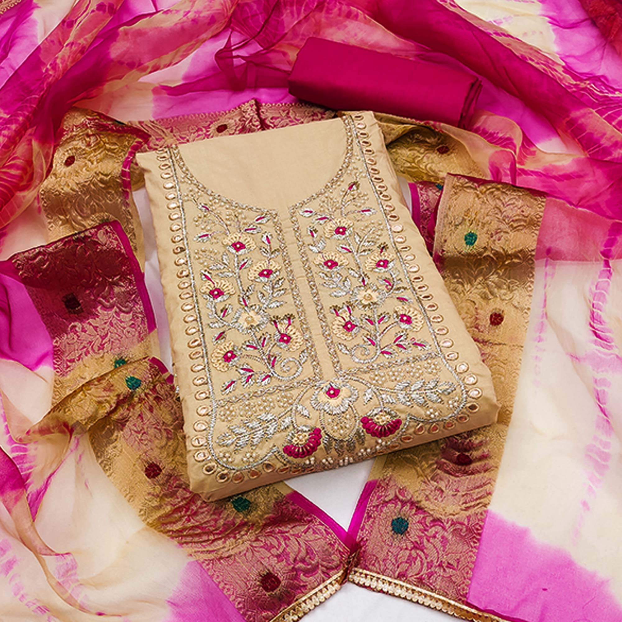 Chikoo Floral Embroidered Pure Cotton Dress Material