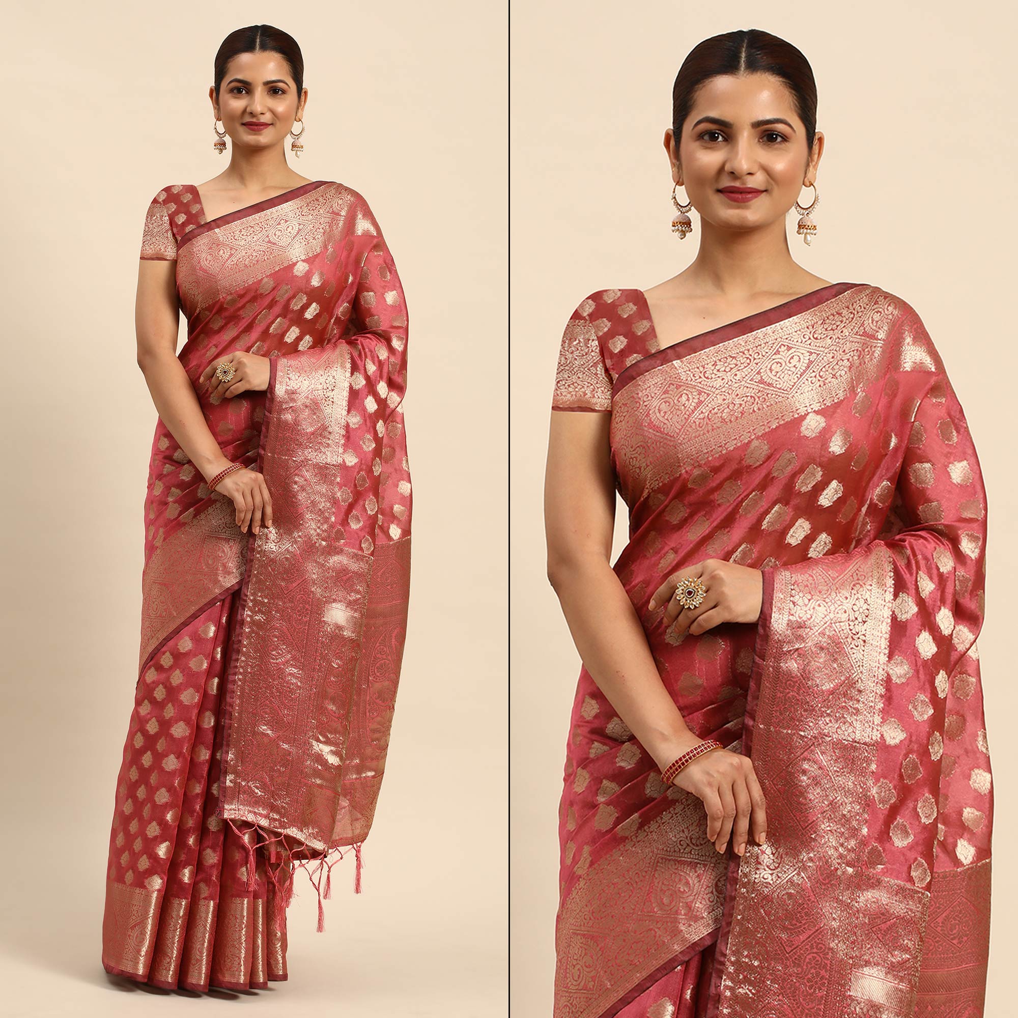 Pink Woven Organza Silk Saree With Tassels
