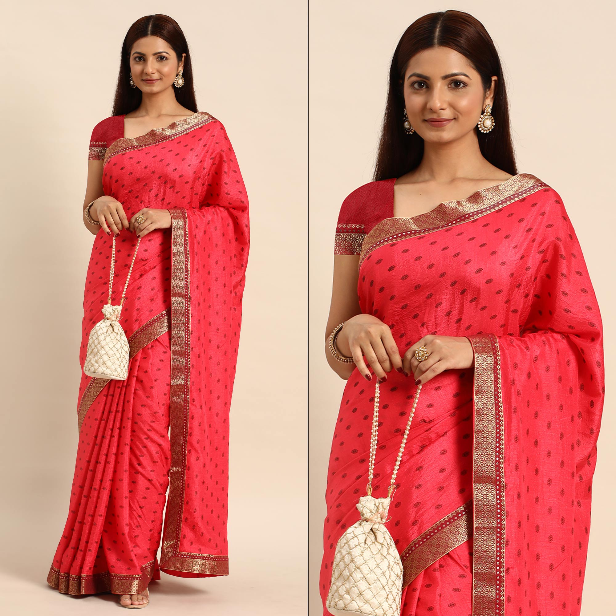 Pink Printed Vichitra Silk Saree