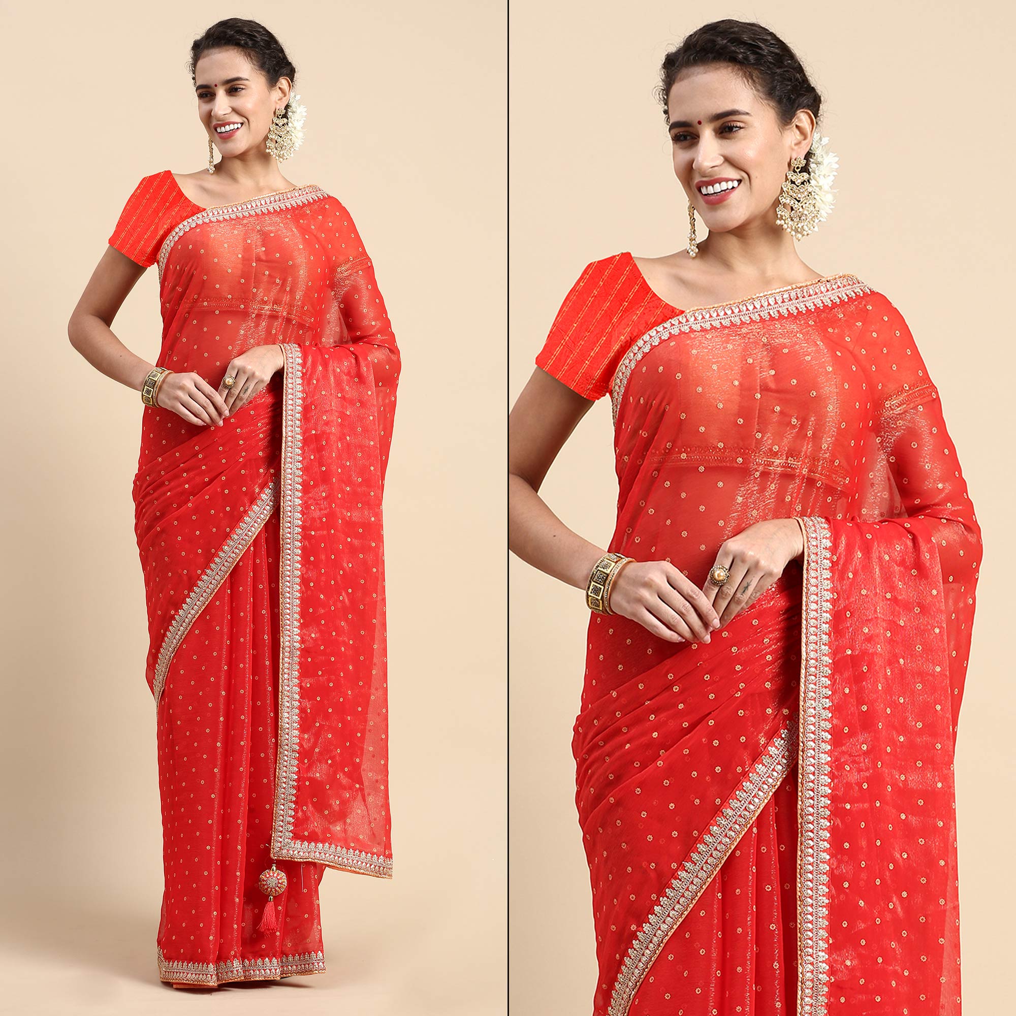 Red Foil Printed With Embroidered Border Chiffon Saree