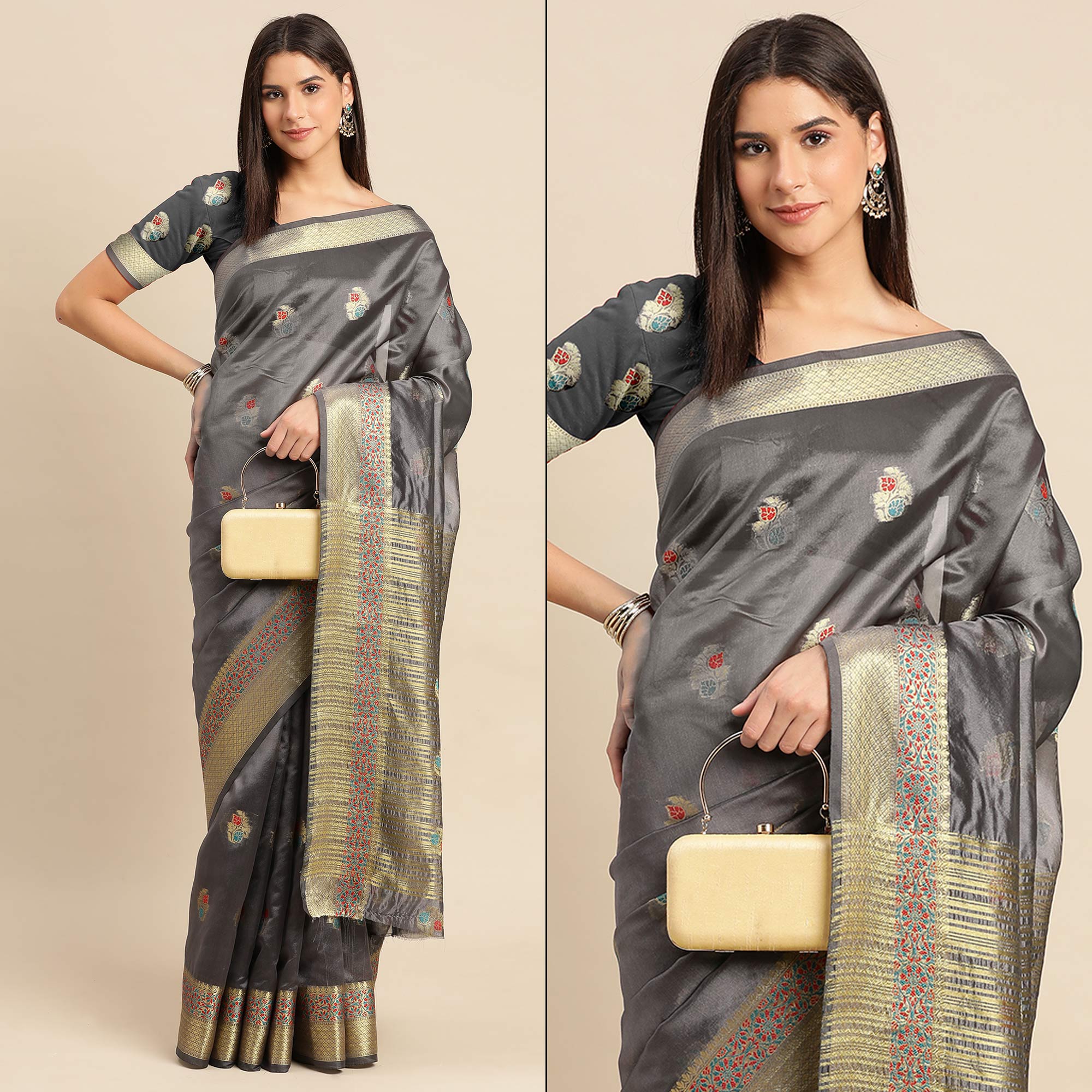 Grey Woven Organza Saree