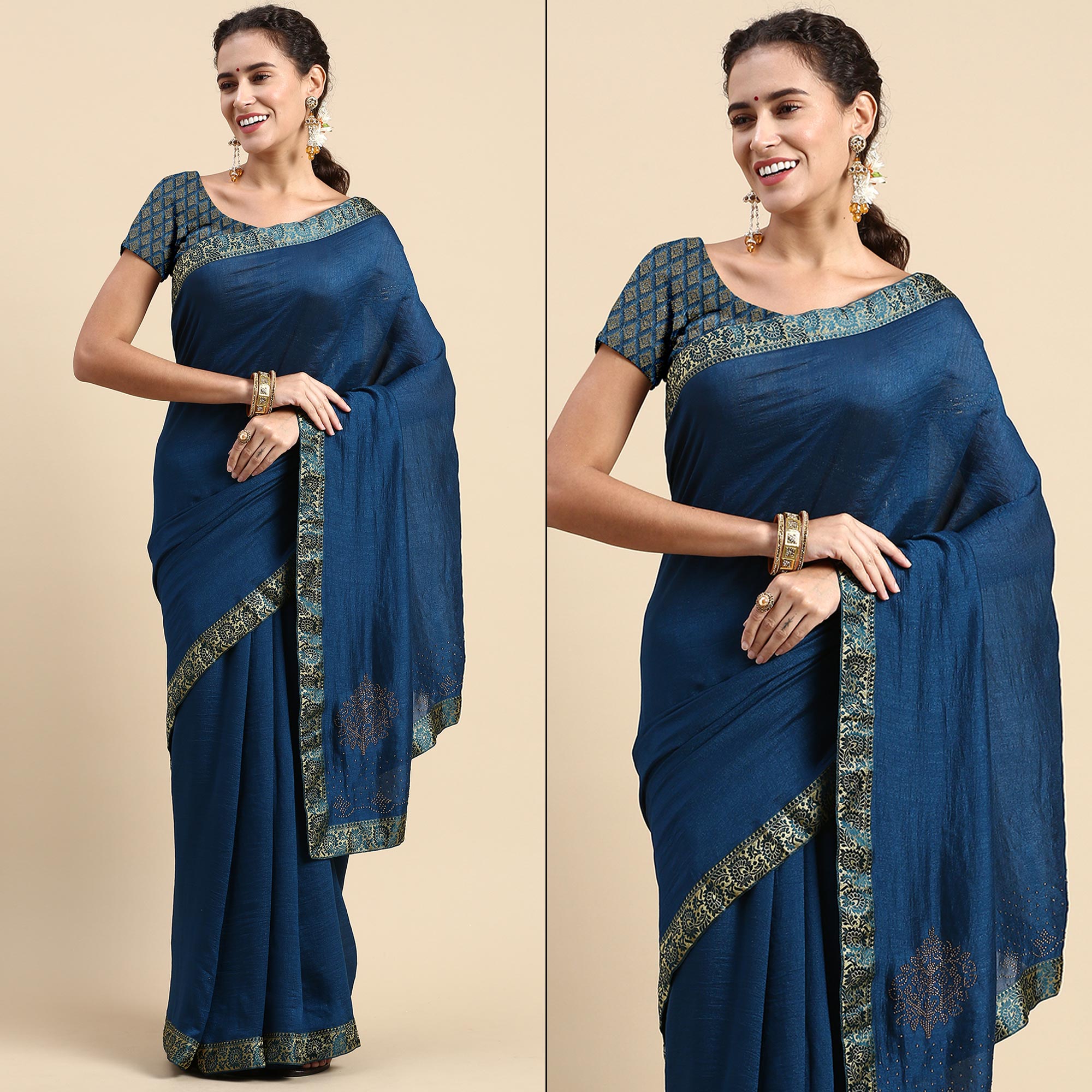 Blue Swaroski Work Vichitra Silk Saree