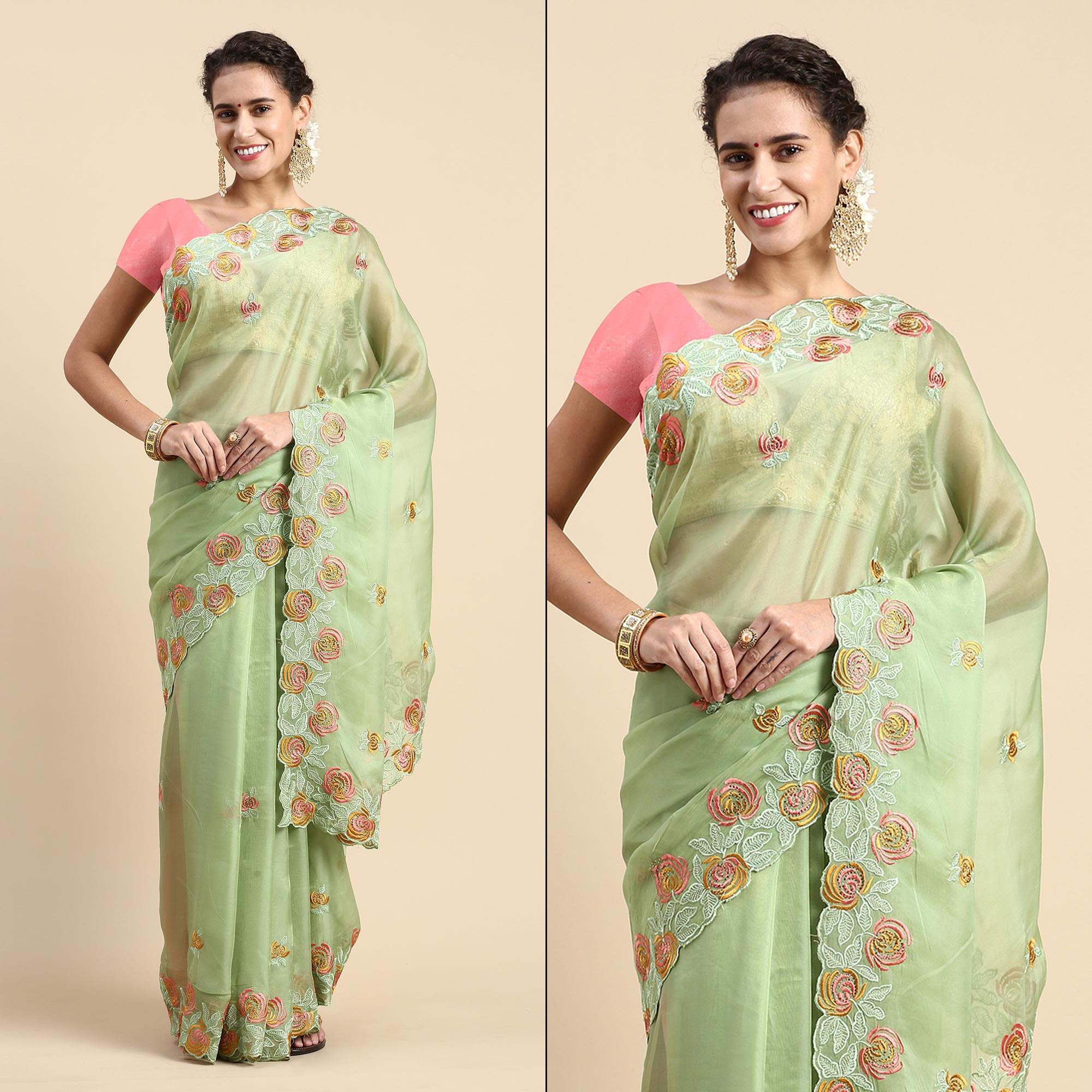 Green Floral Embroidered Organza Saree