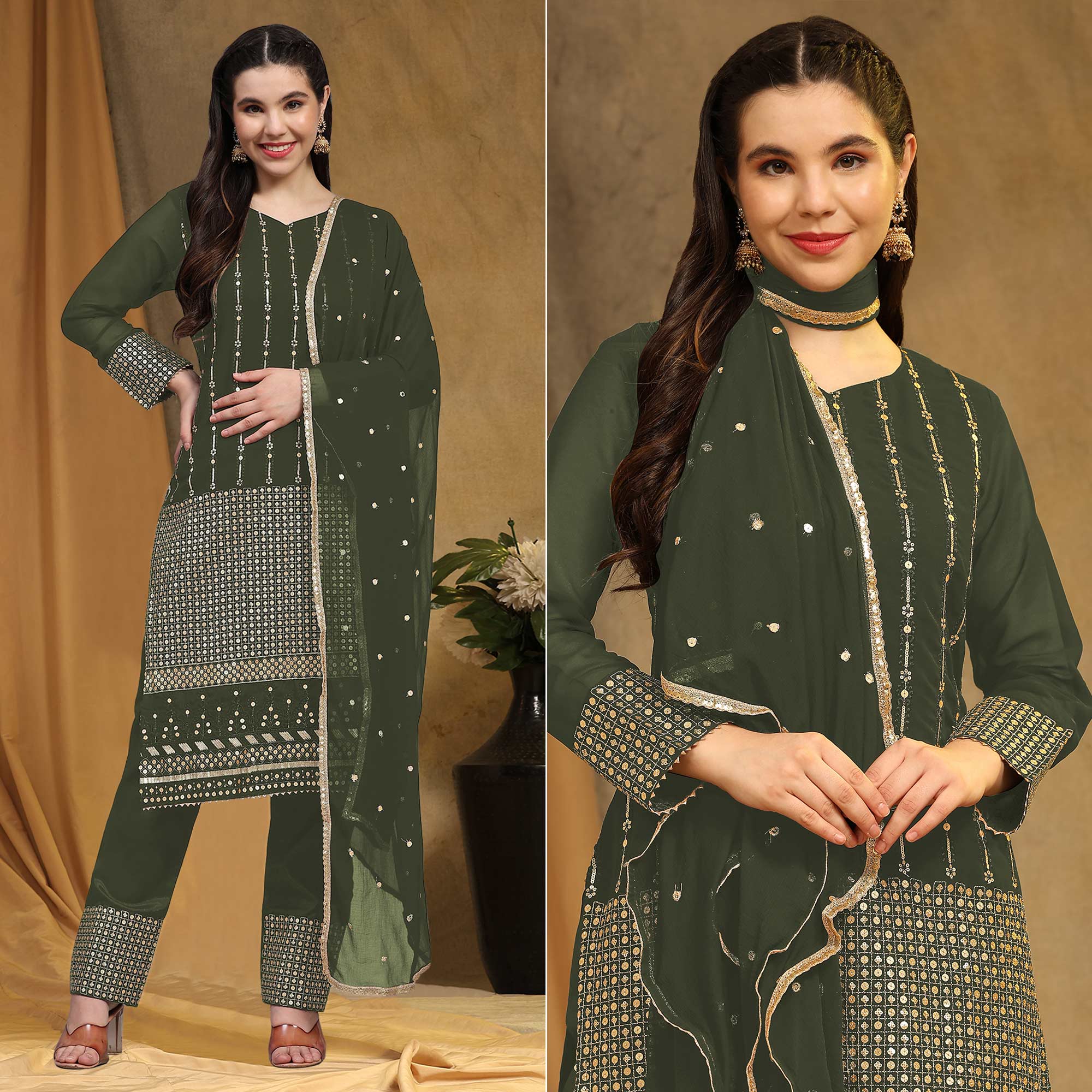 Mehendi Green Sequins Embroidered Georgette Semi Stitched Salwar Suit