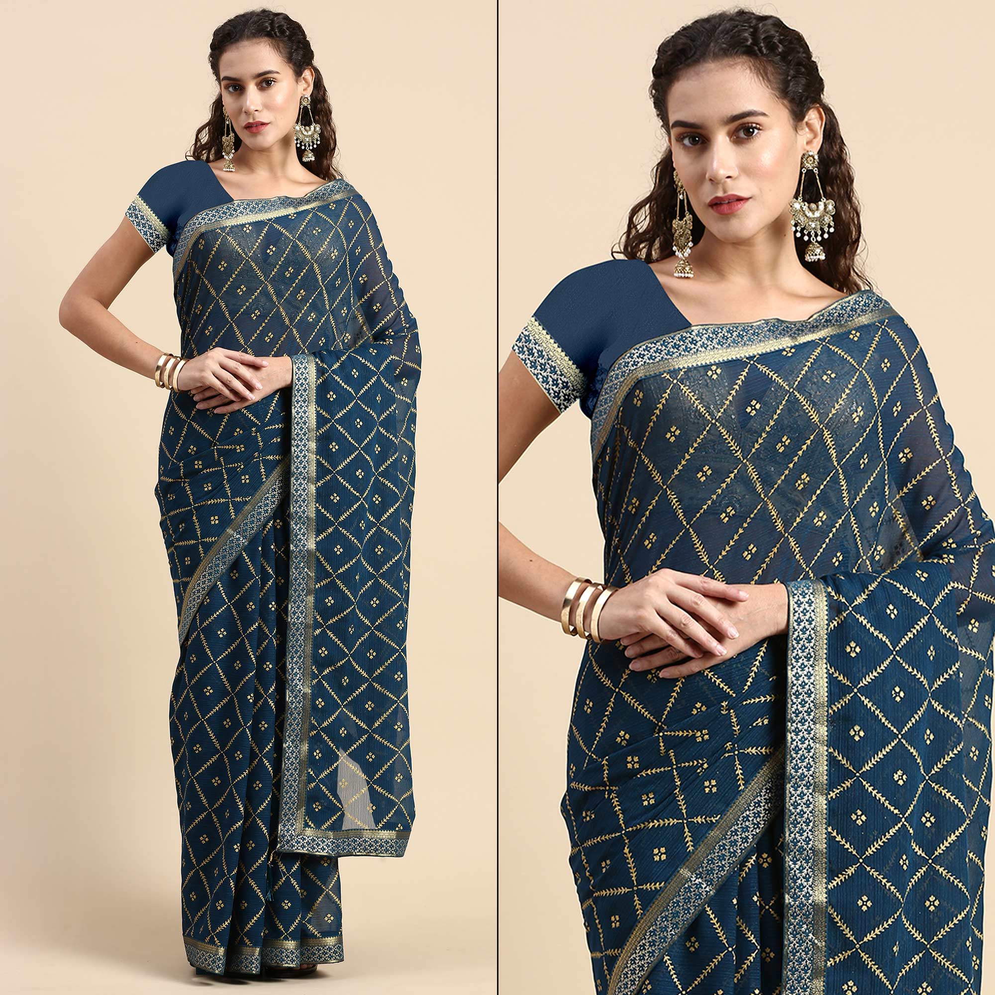 Blue Floral Foil Printed Zomato Saree