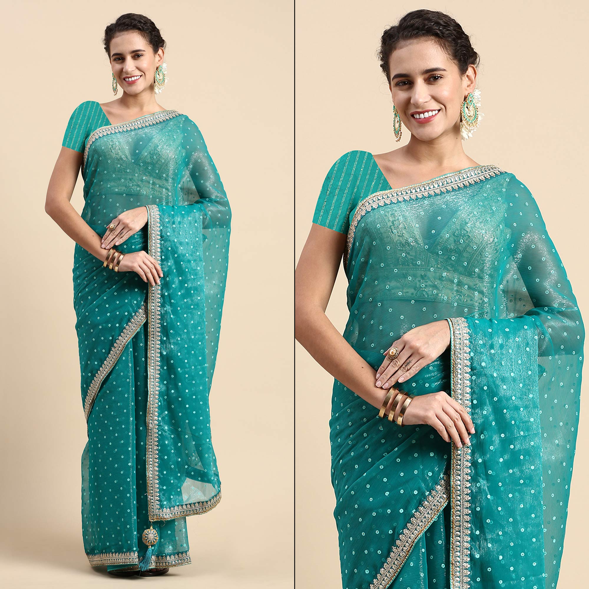 Turquoise Foil Printed With Embroidered Border Chiffon Saree