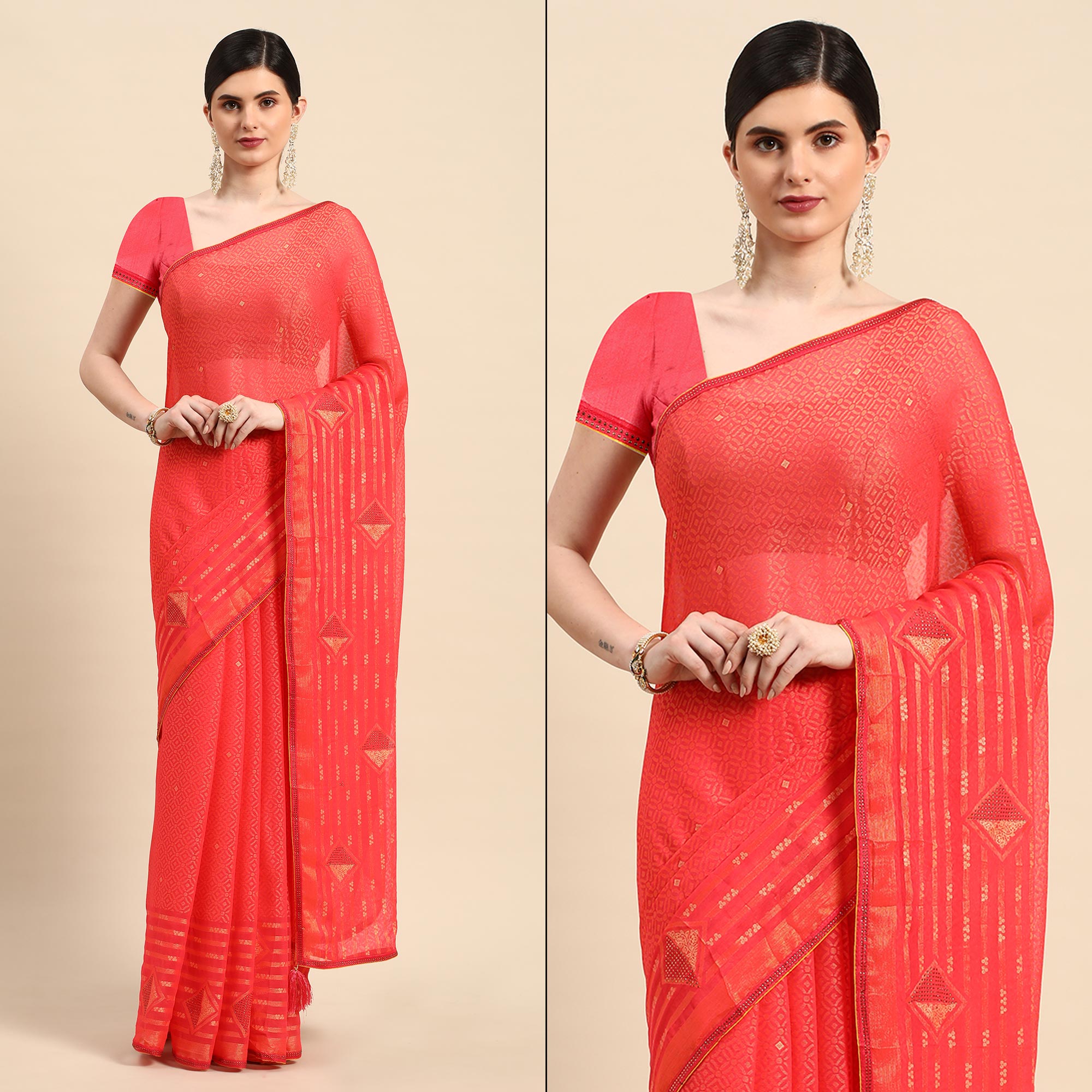 Pink Foil Printed With Swarovski Brasso Saree