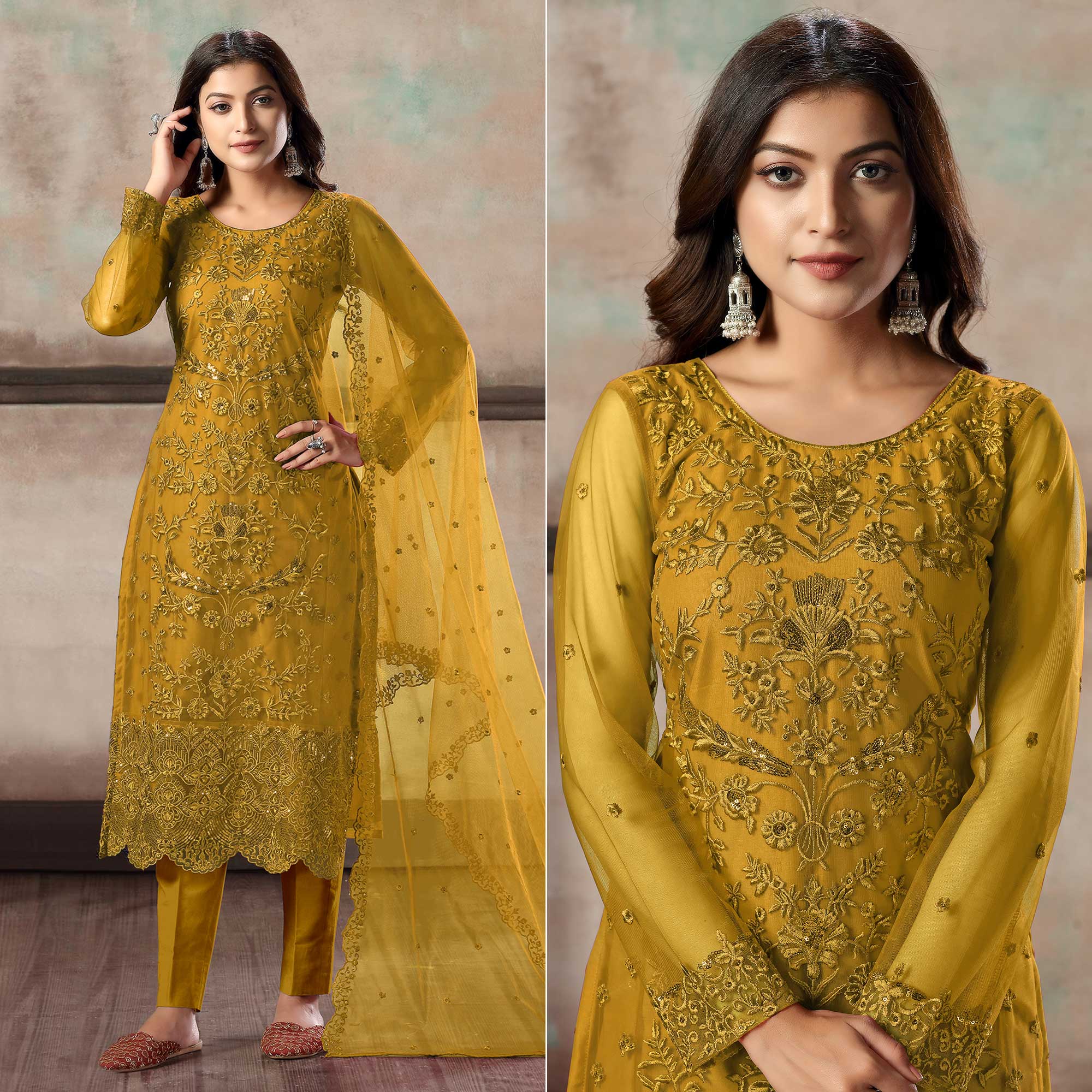 Mustard Floral Embroidered Net Suit