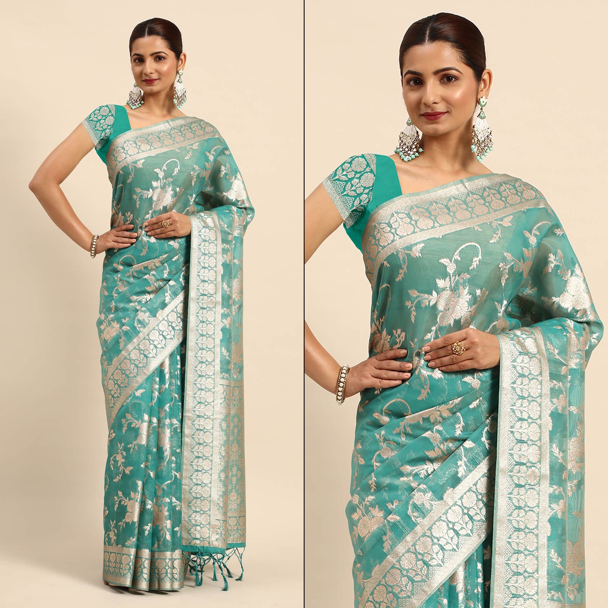 Turquoise Floral Woven Organza Silk Saree With Tassels