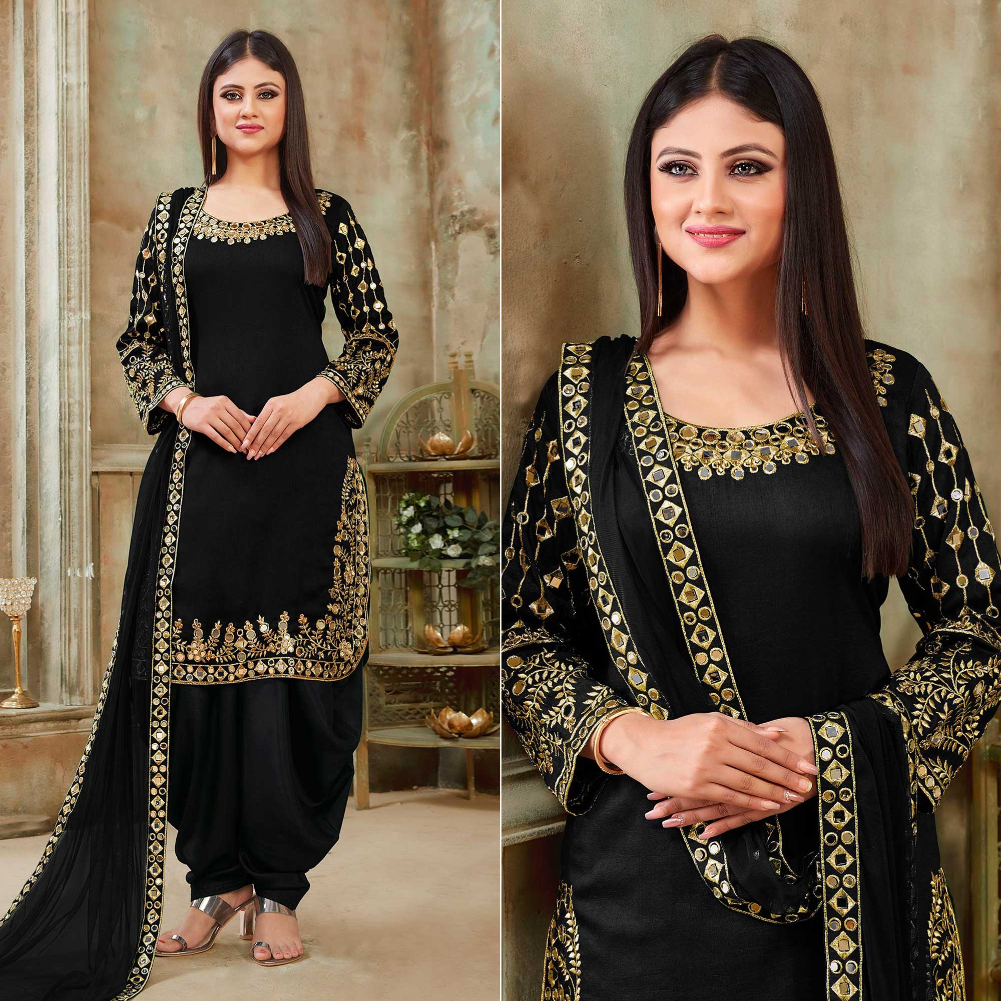 Black Floral Embroidered Art Silk Patiala Suit