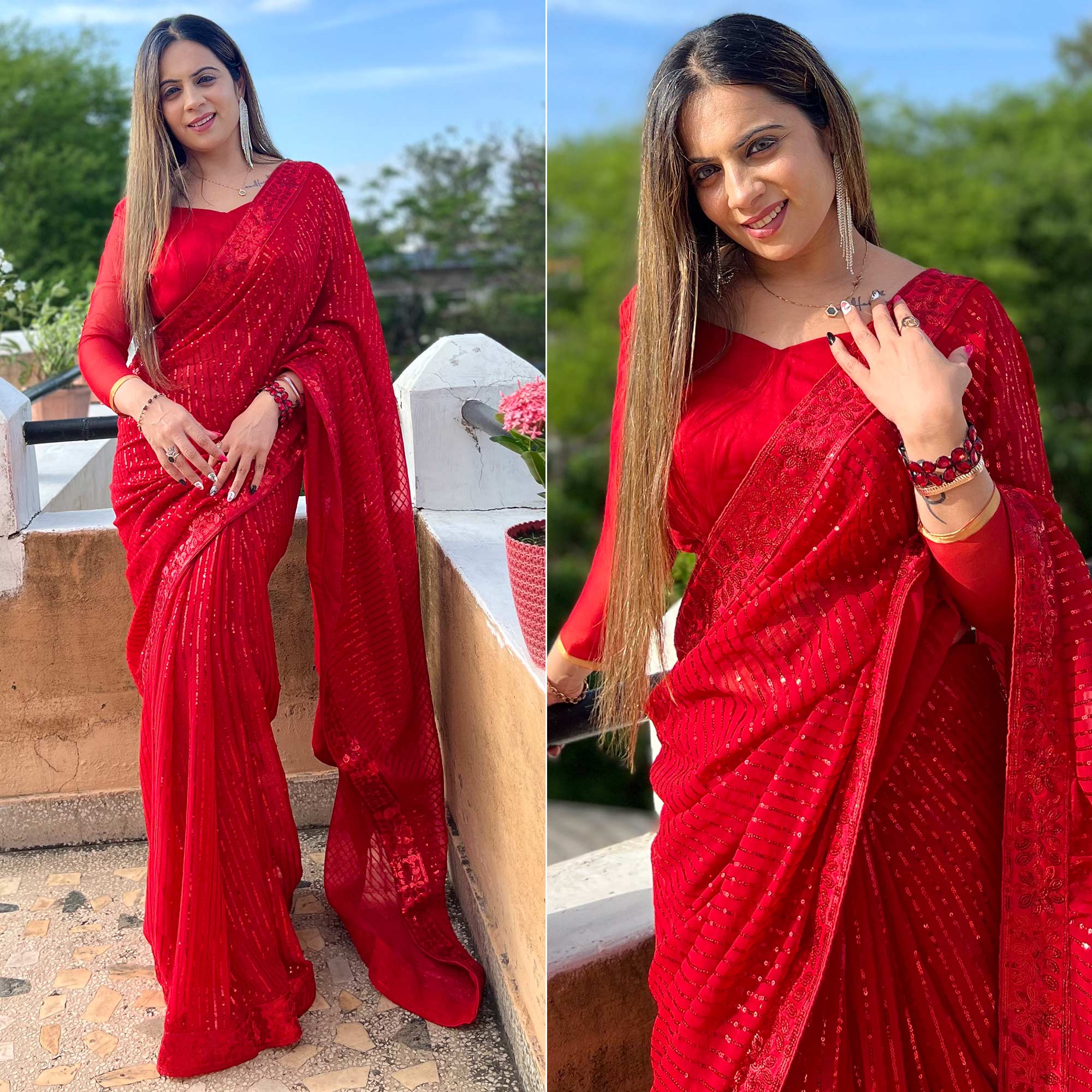Red Sequins Embroidered Georgette Saree