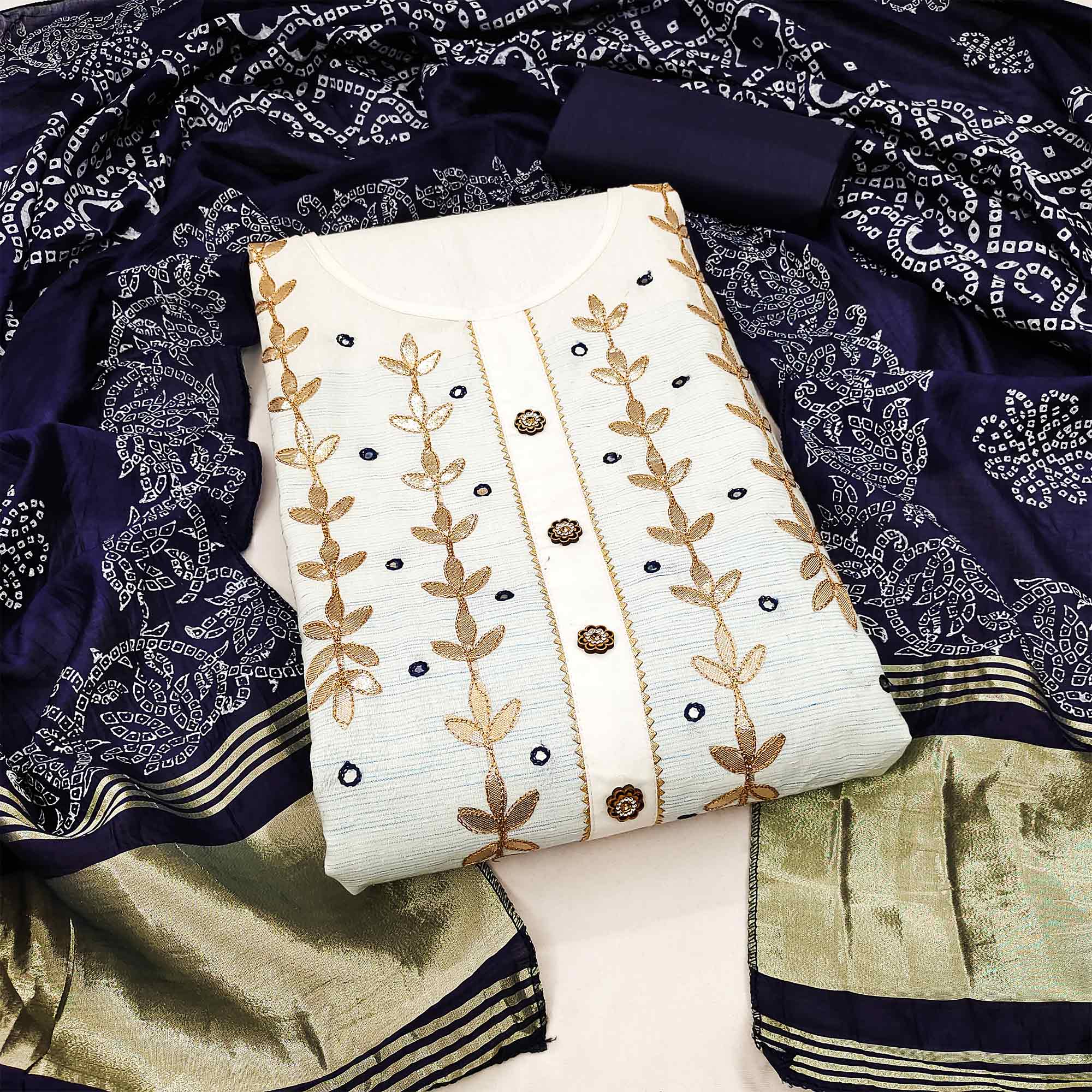 White & Blue Floral Gota Patti Work Pure Cotton Dress Material
