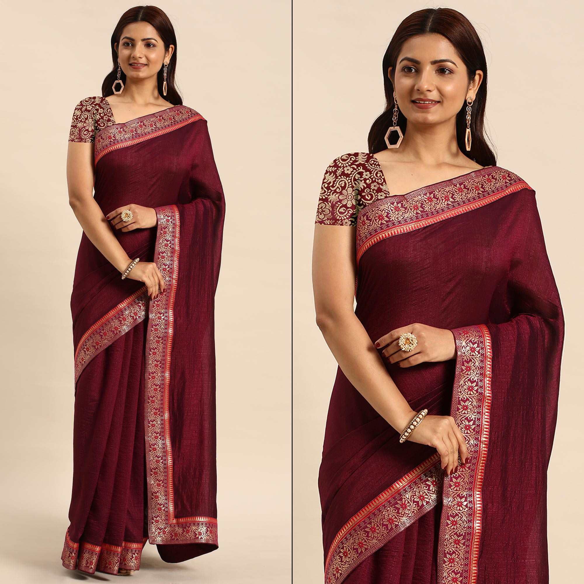 Brown Solid Vichitra Silk Saree With Fancy Border