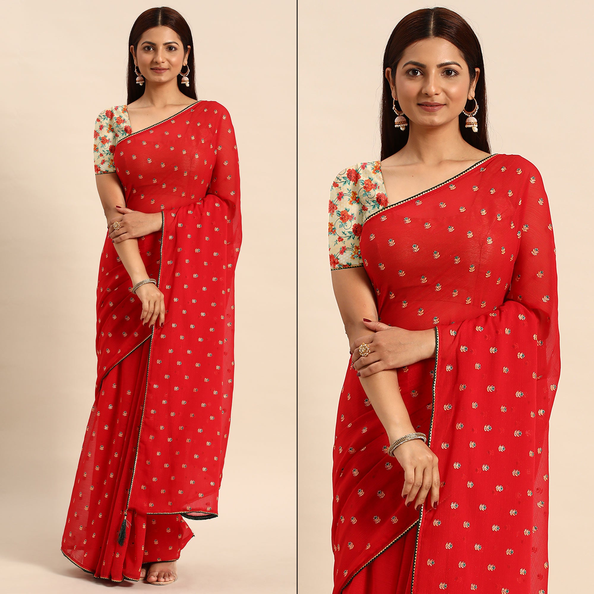 Red Embroidered Chiffon Saree