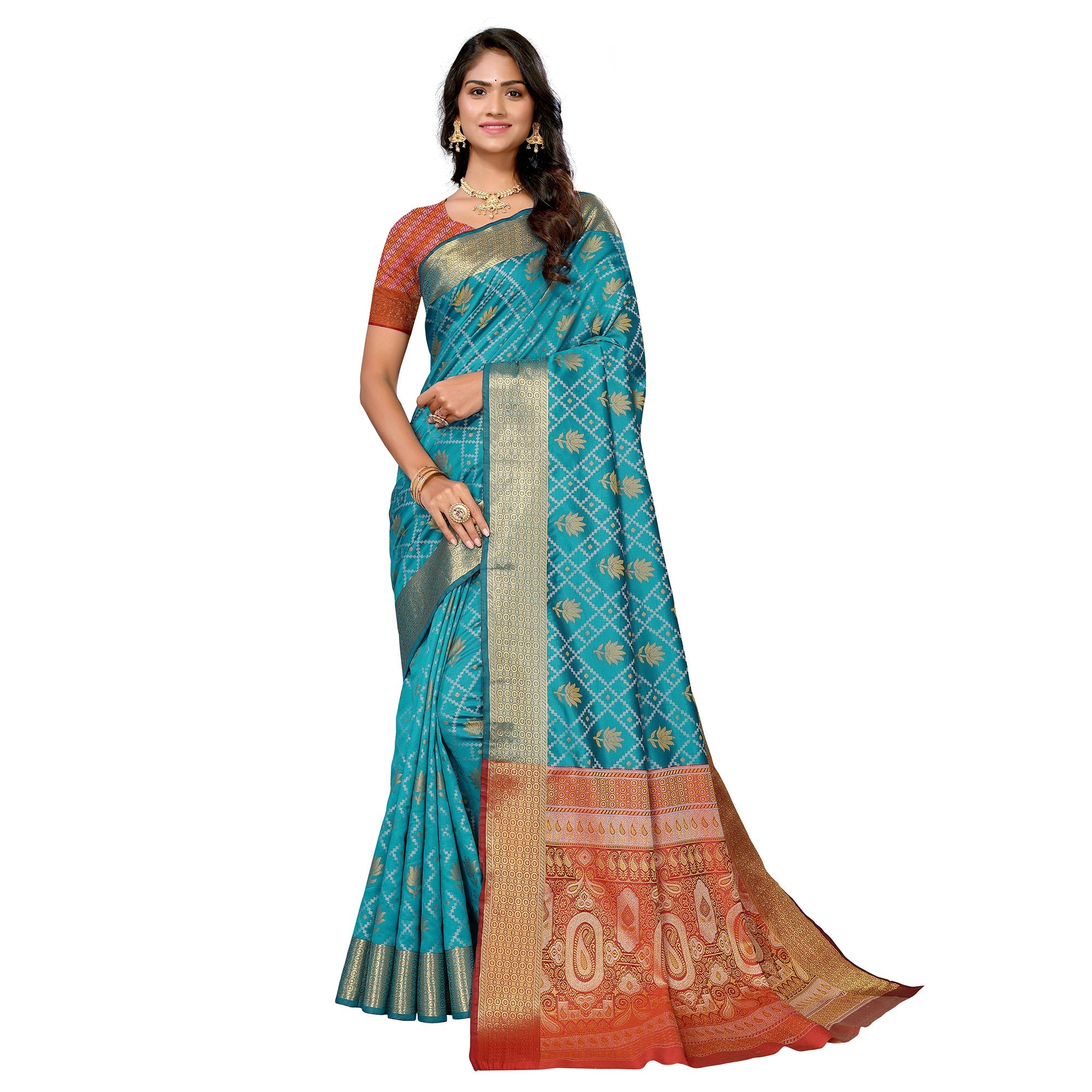 Rama Blue Floral Woven Banarasi Silk Saree